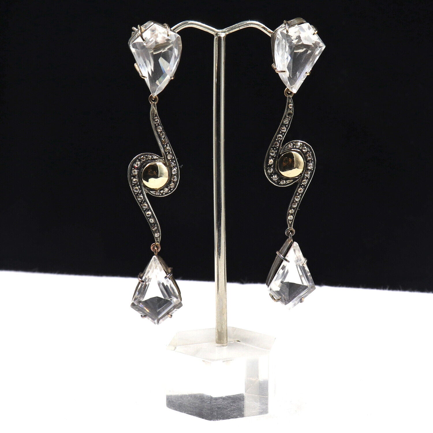 NATURAL ROCK CRYSTAL QUARTZ CARVED DIAMOND 18K GOLD 925 SILVER VICTORIAN EARRING