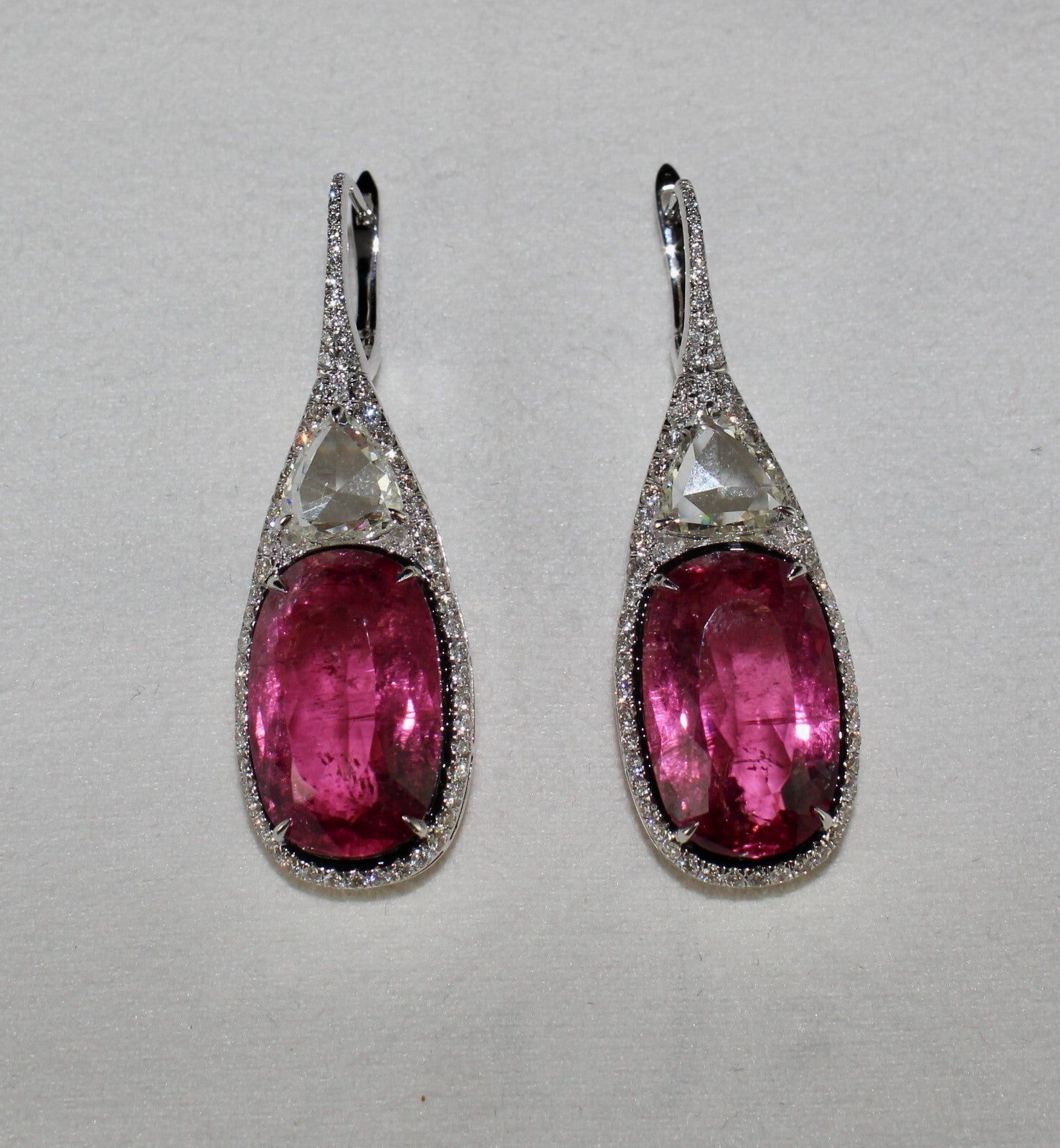 Certified Natural Rubellite Pink Tourmaline 63.9ct Diamond 18k Gold Earrings