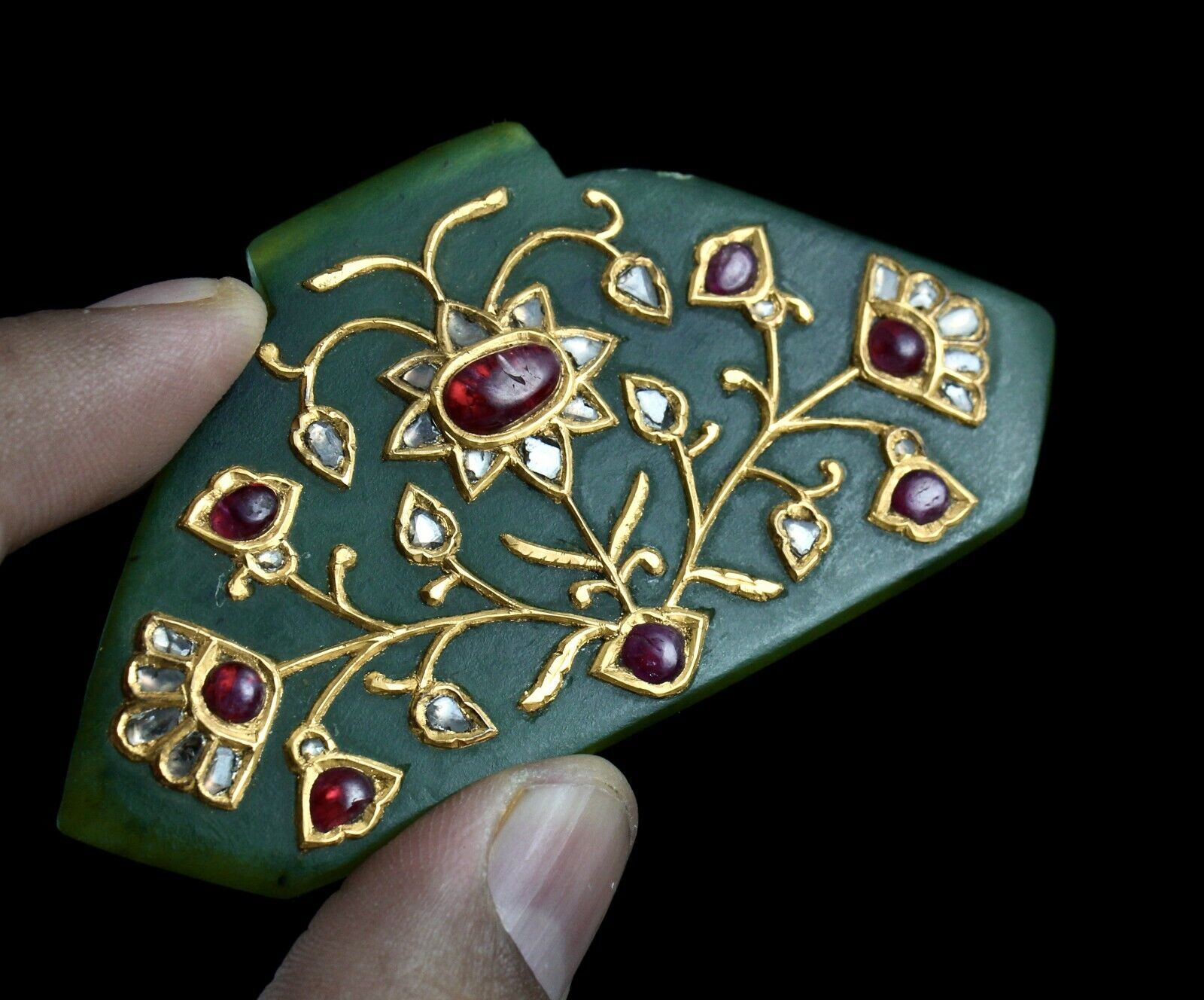 Natural Green Jade Old Pendant Flat Diamond Ruby 22K Gold Jadau Statement Piece