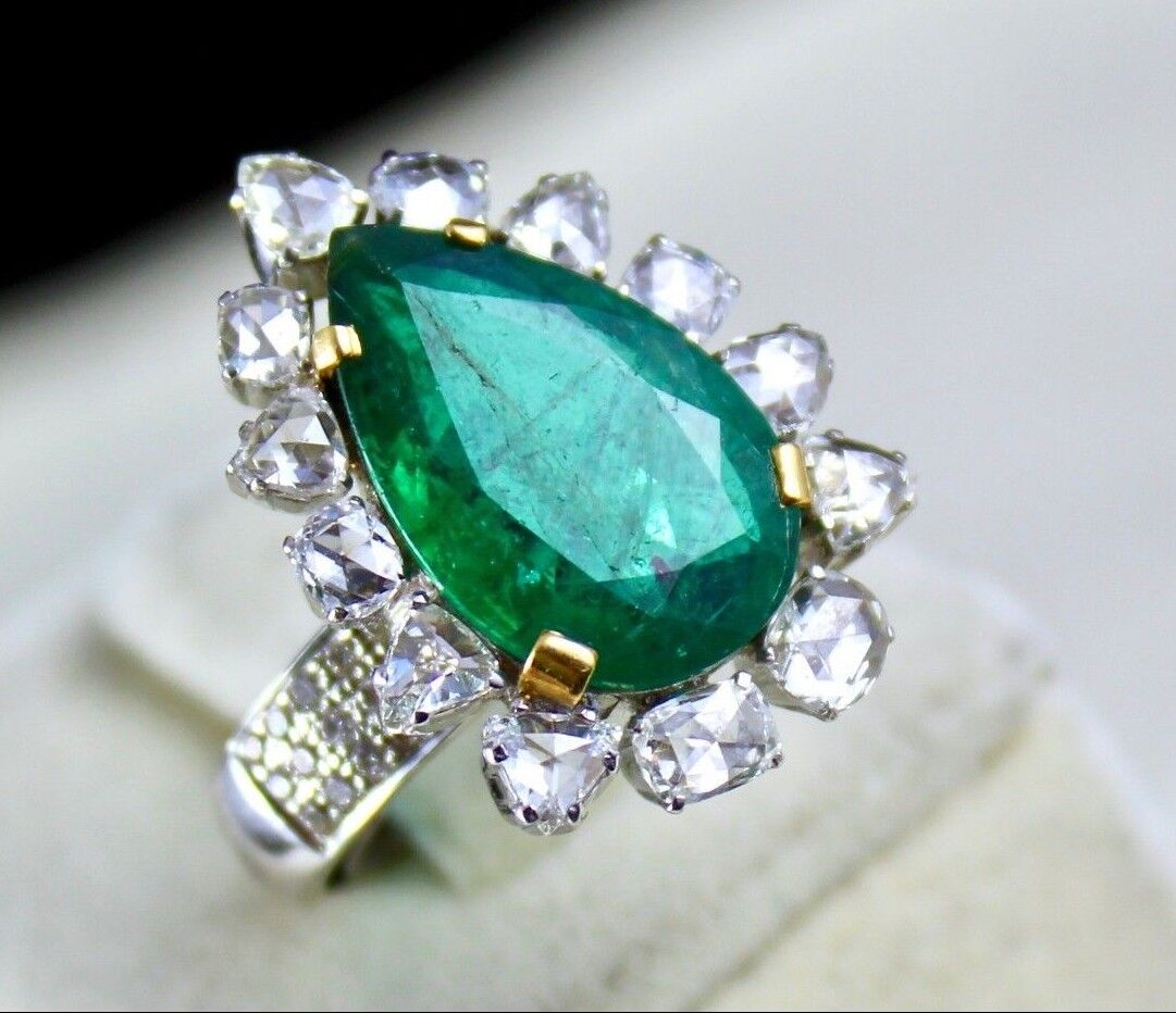 Natural Zambian Emerald Pear Cut Rose Cut Diamond 18K Gold Cocktail Ring