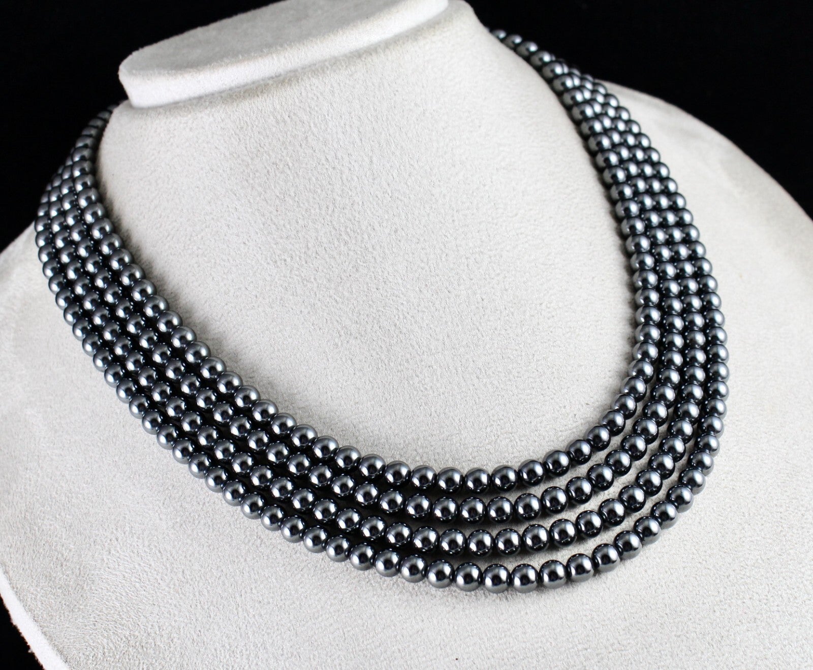 Hematite Beads Necklace 902 Ct, 4 Line 6mm Round Black Gemstone Fashion