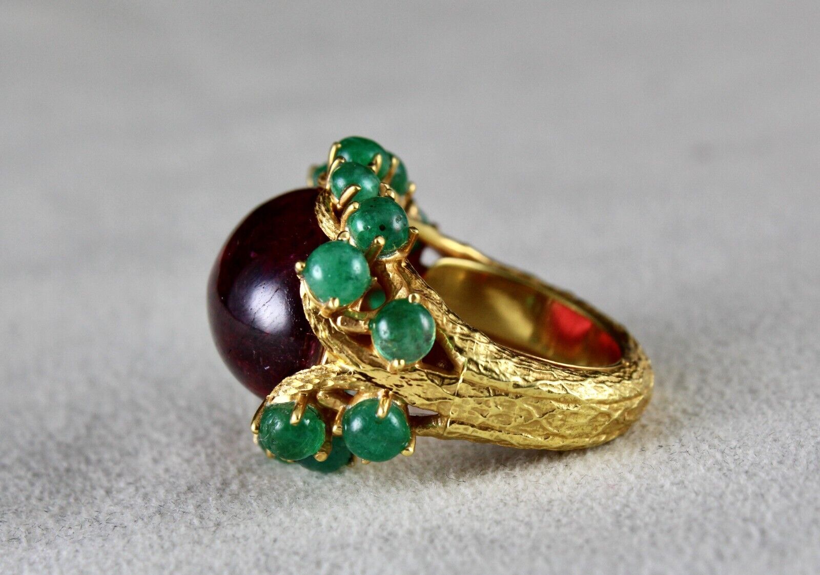UNIQUE NATURAL PINK TOURMALINE EMERALD CABOCHON CARVED SILVER GOLD PLATED RING