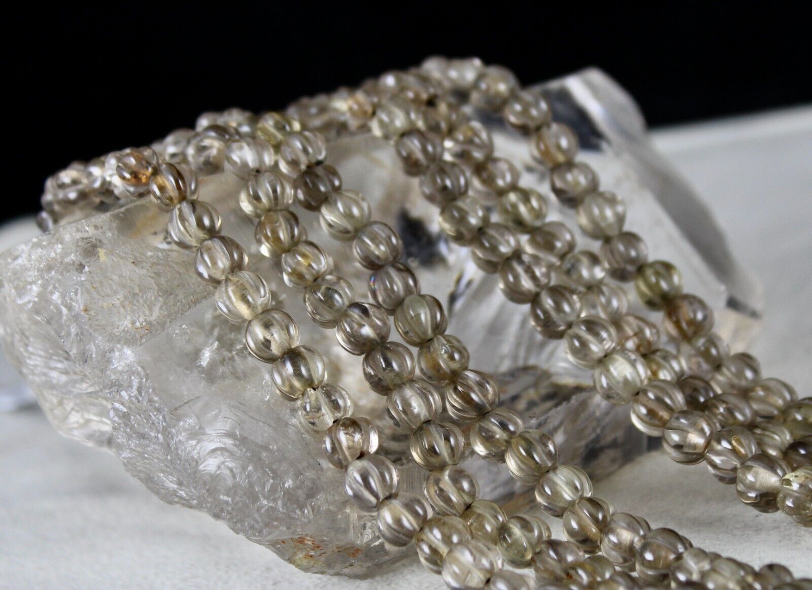 Natural Smoky Quartz Beads Carved Melon 3 L 485 Carats Antique Gemstone Necklace