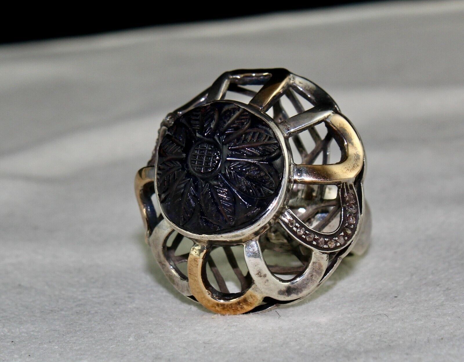 NATURAL IOLITE ROUND CARVED DIAMOND 18K GOLD SILVER VICTORIAN BIG COCKTAIL RING