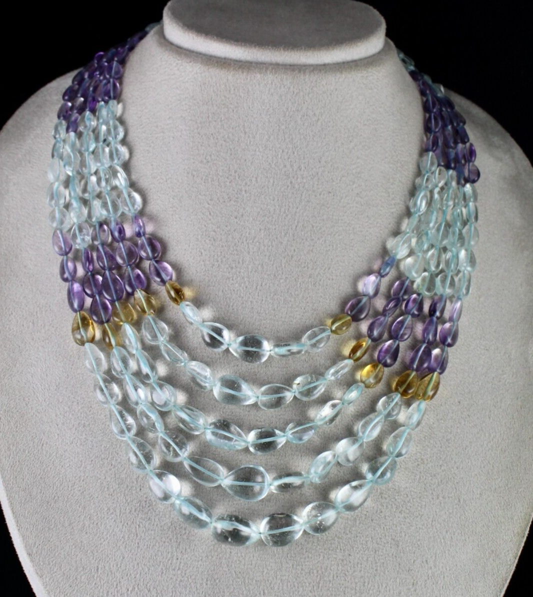 NATURAL BLUE TOPAZ AMETHYST CITRINE DROPS 5 L 835 CT STONE BEADED FINE NECKLACE