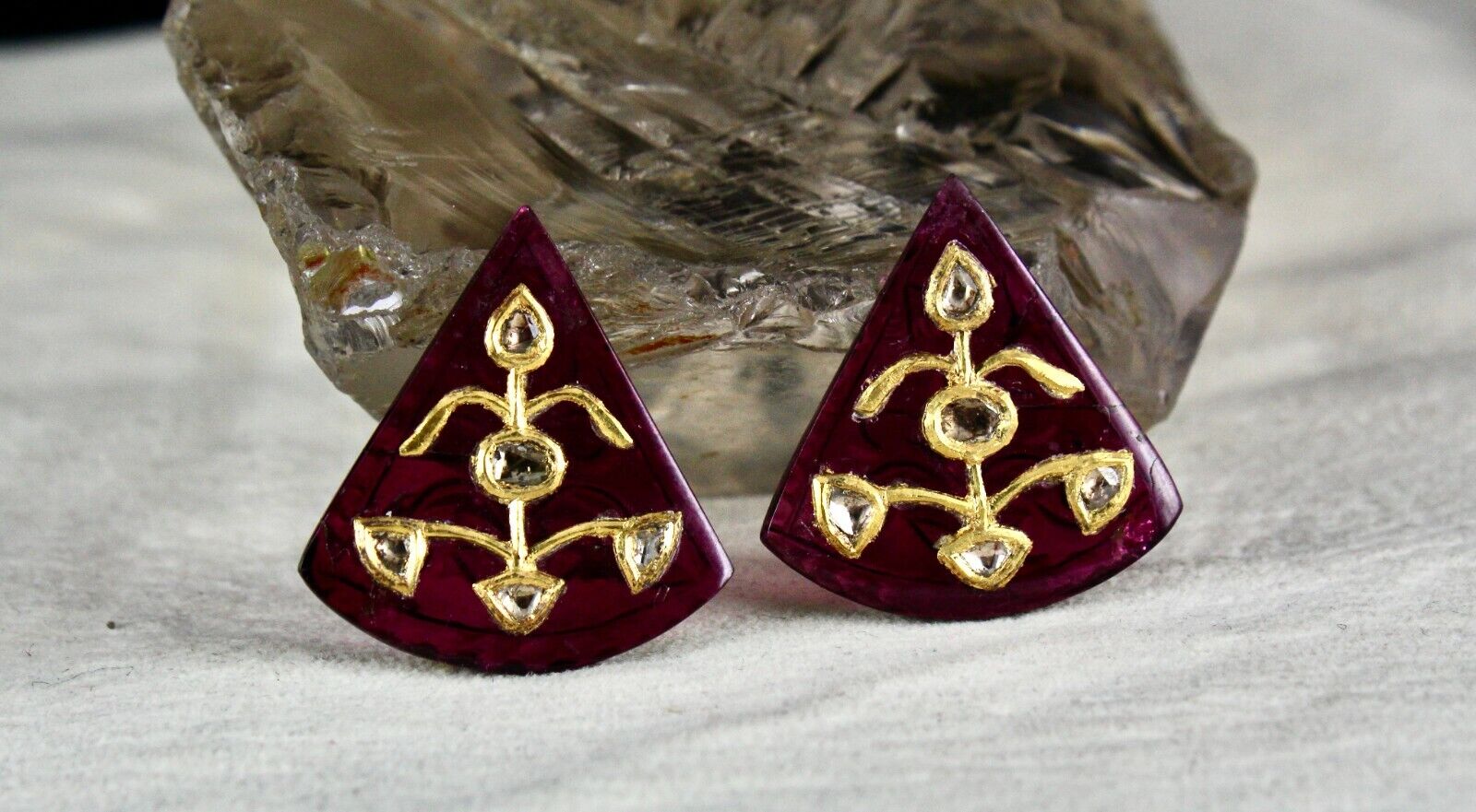 PINK TOURMALINE RUBELLITE DIAMOND 22K GOLD JADAU GEMSTONE PENDANT EARRING DESIGN
