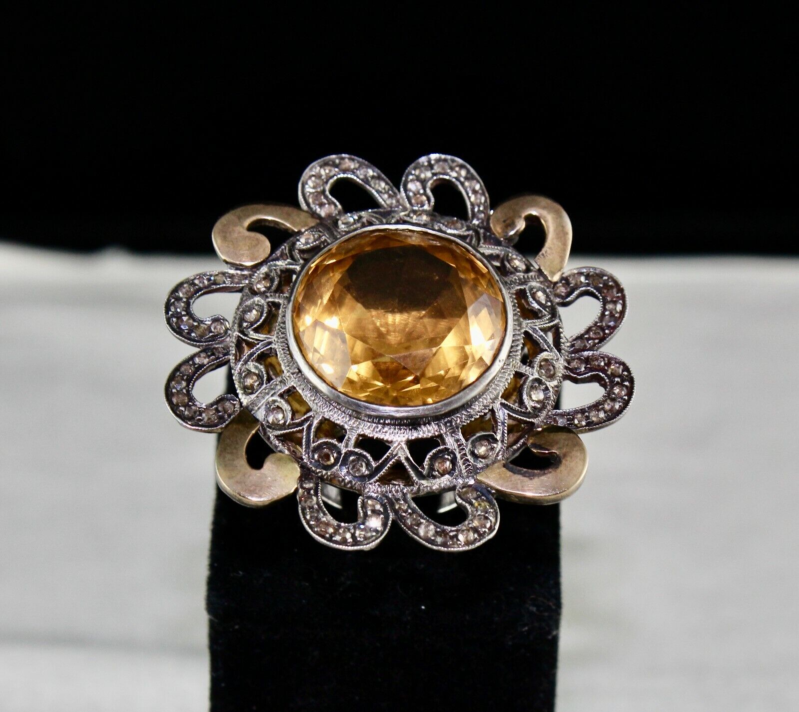 NATURAL YELLOW CITRINE CUT DIAMOND 18K GOLD LADIES RING IN 925 STERLING SILVER