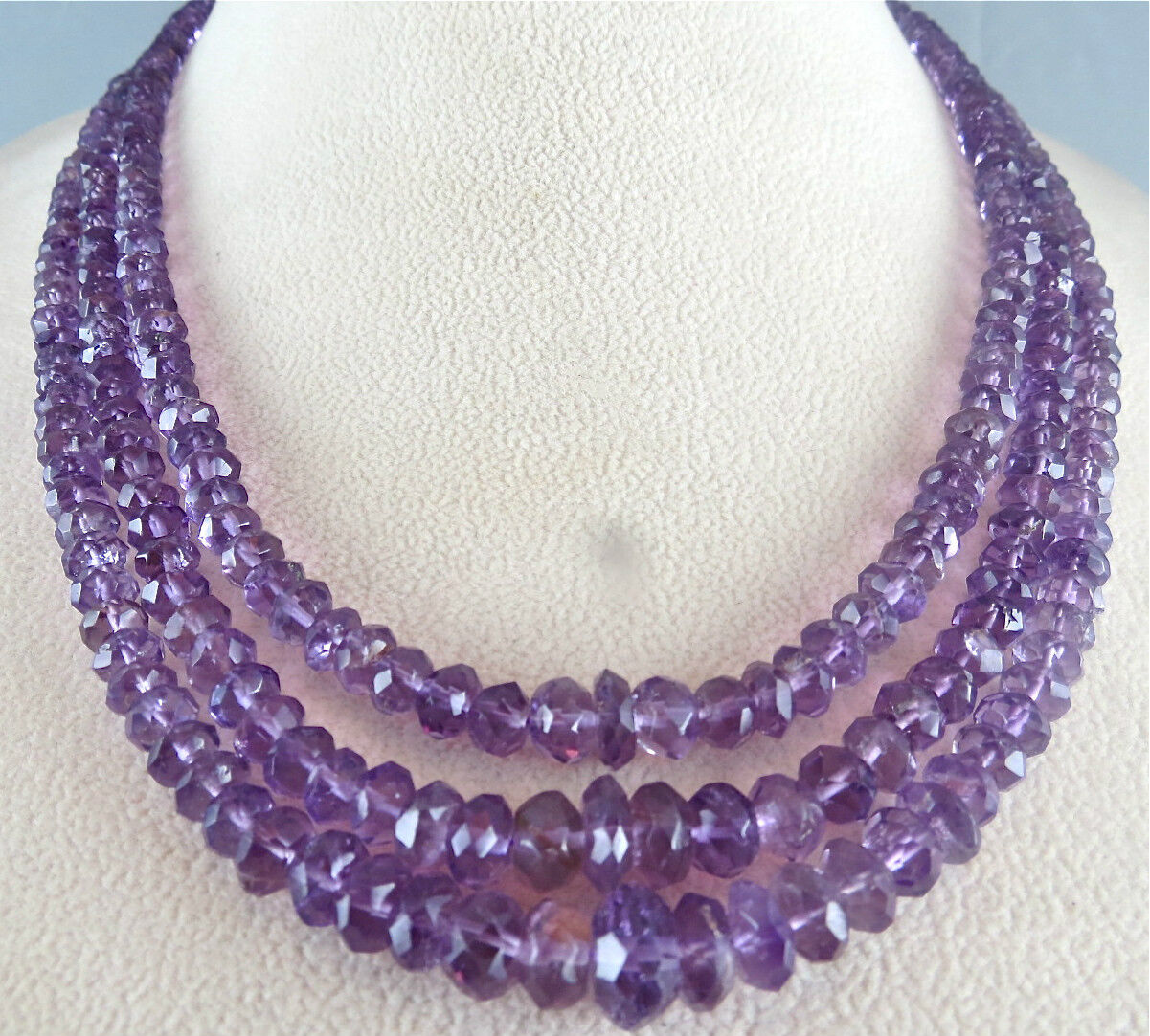 NATURAL AMETHYST BEADS FACETED ROUND 3 LINE 375 CARATS GEMSTONE FASHION NECKLACE