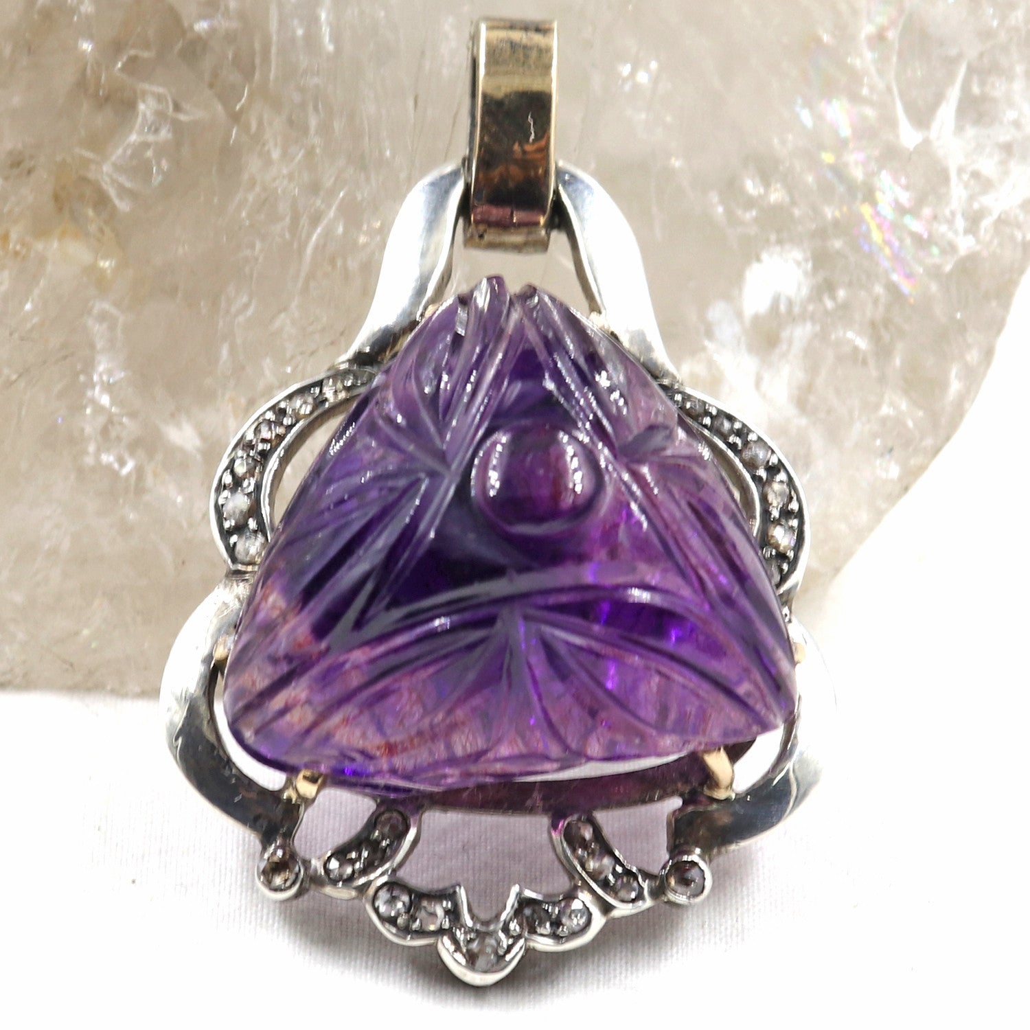 Antique Natural Amethyst 10ct Carved Diamond Victorian Pendant Sterling Silver