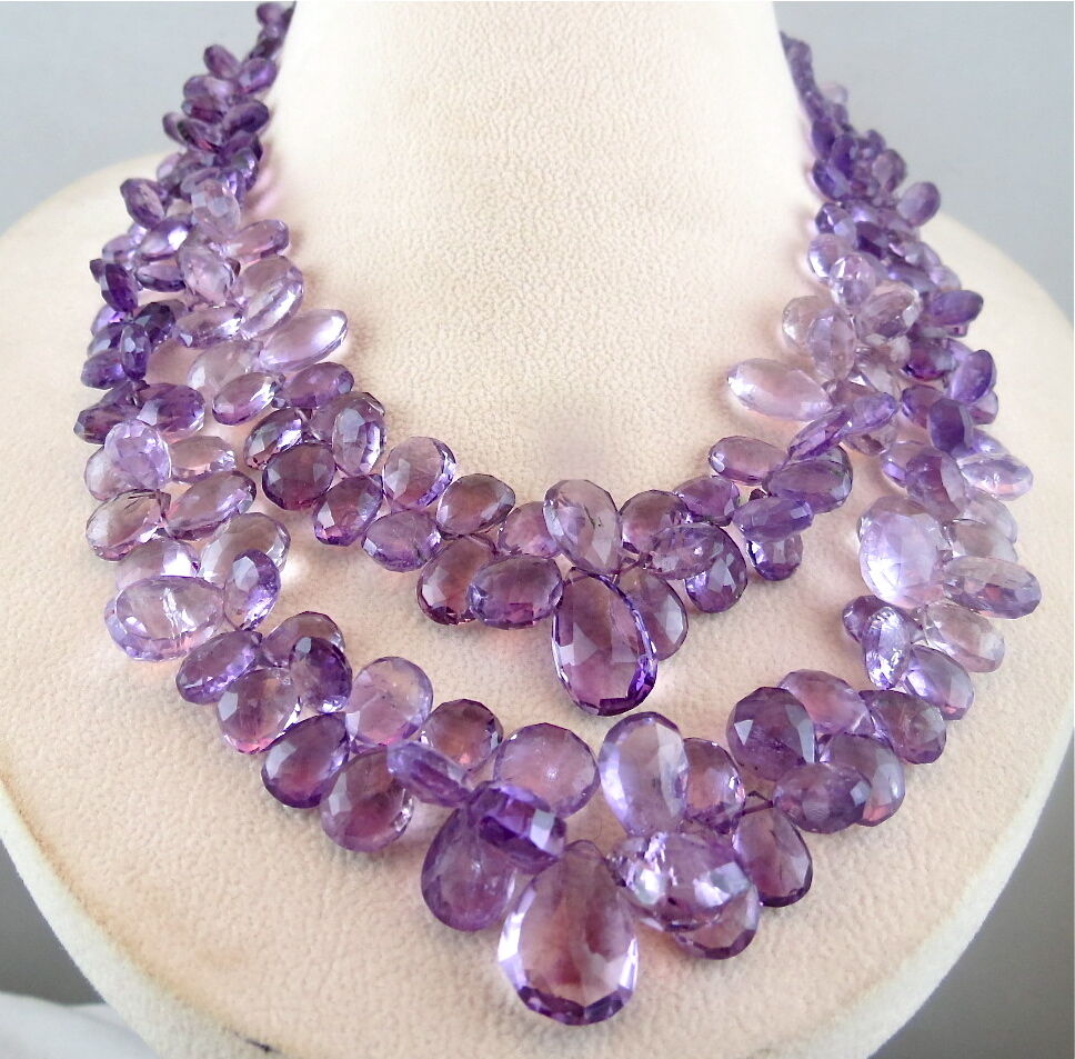 NATURAL BRAZILIAN AMETHYST FACETED TEARDROPS 2 LINE 725 CARATS GEMSTONE NECKLACE