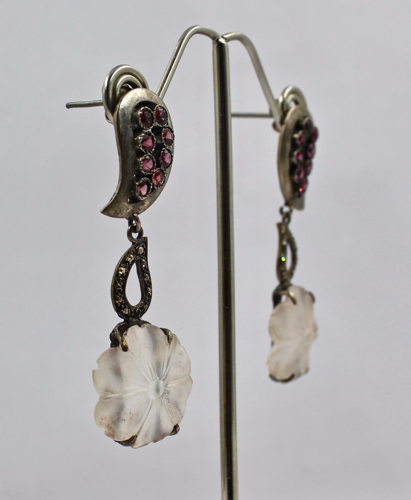 Designer Garnet 59.8ct Crystal Quartz Natural Diamond Sterling Silver Earrings