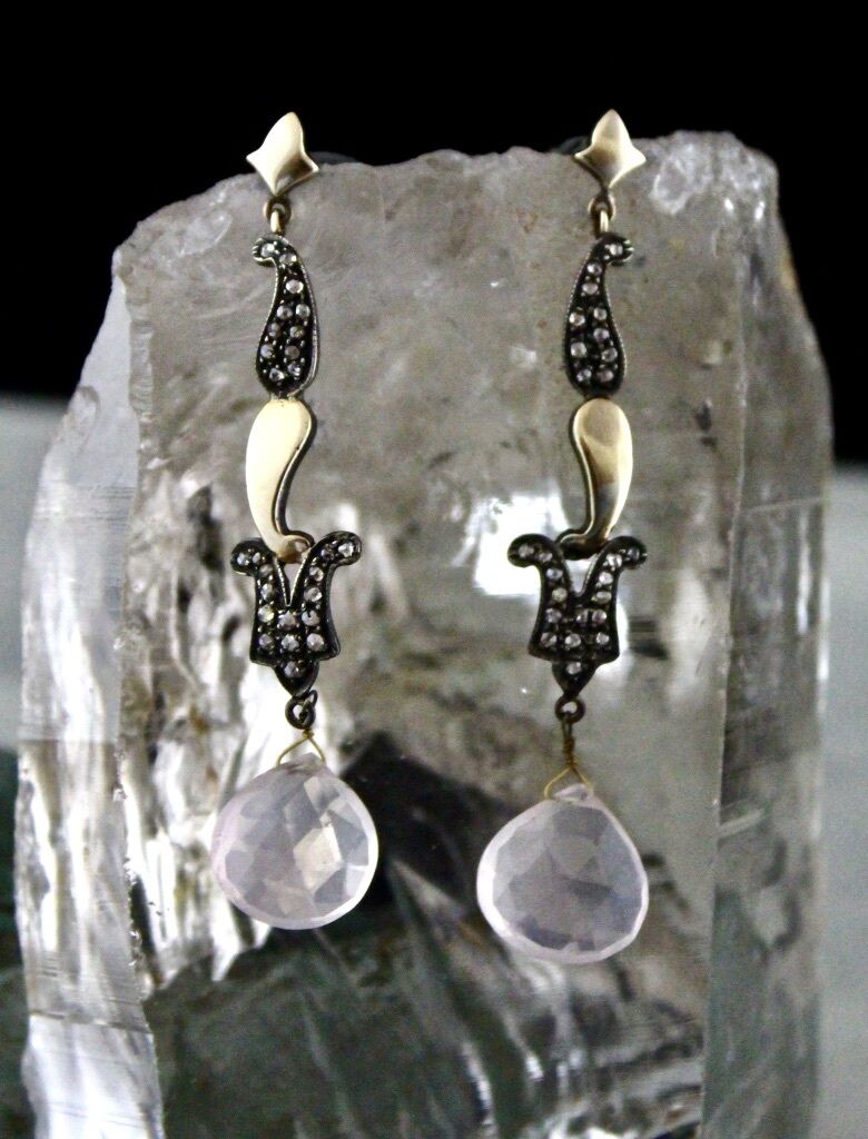 NATURAL ROSE QUARTZ TEAR DROPS DIAMOND 18K GOLD 925 SILVER VICTORIAN EARRING