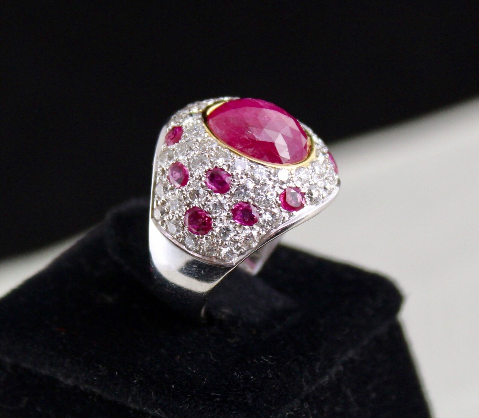 NATURAL NO HEAT BURMESE RUBY CABOCHON WHITE DIAMOND 18K GOLD COLLECTOR RING