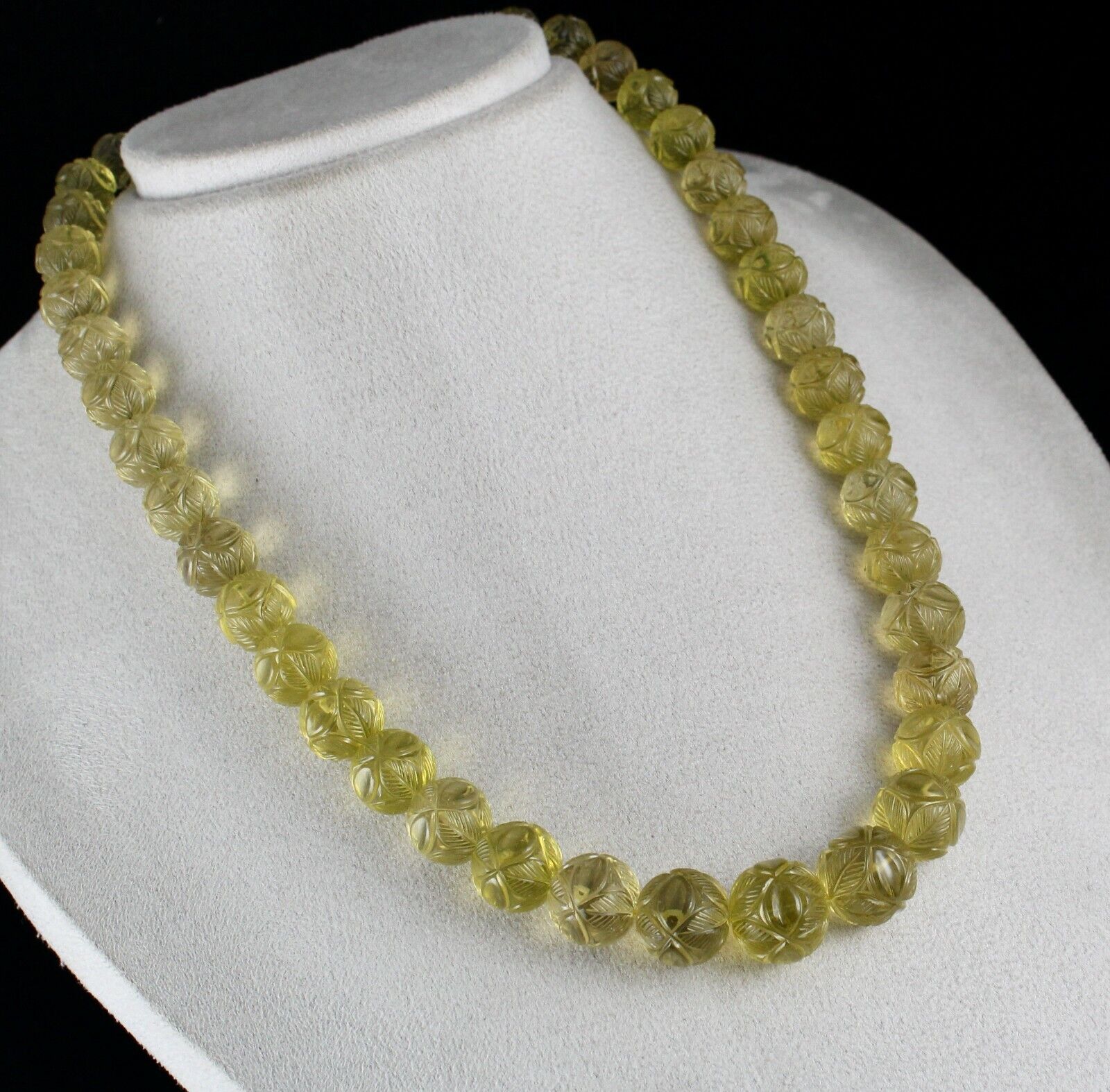 NATURAL LEMON QUARTZ BEADS CARVED 674 CTS SEMI PRECIOUS GEMSTONE BEADED NECKLACE