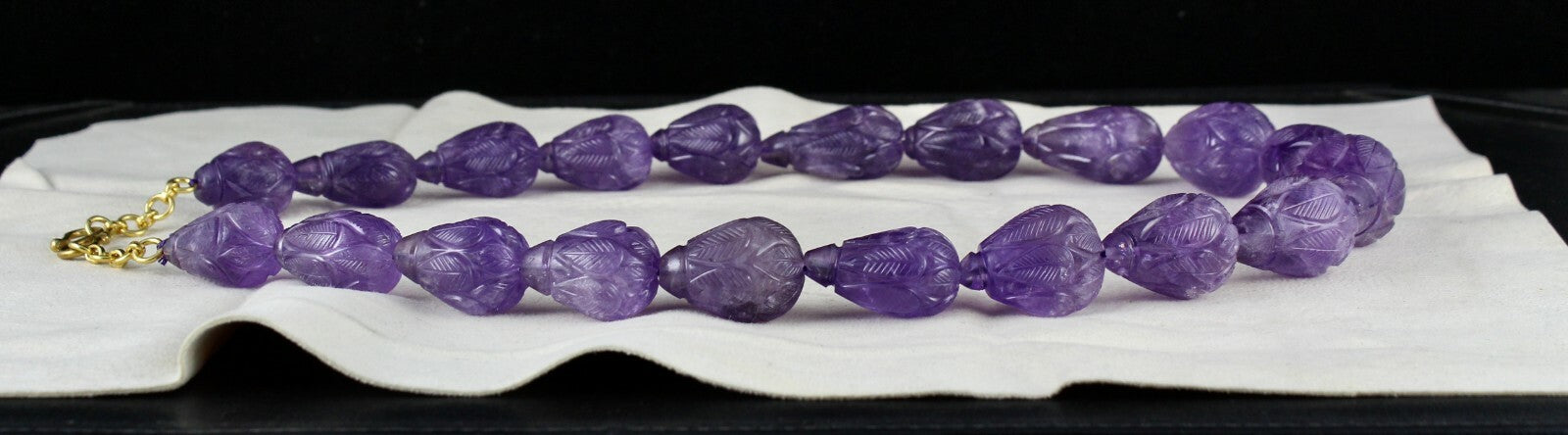 Certified Natural Amethyst Beads Necklace Carved Drop 1202 Ct Purple Gemstone