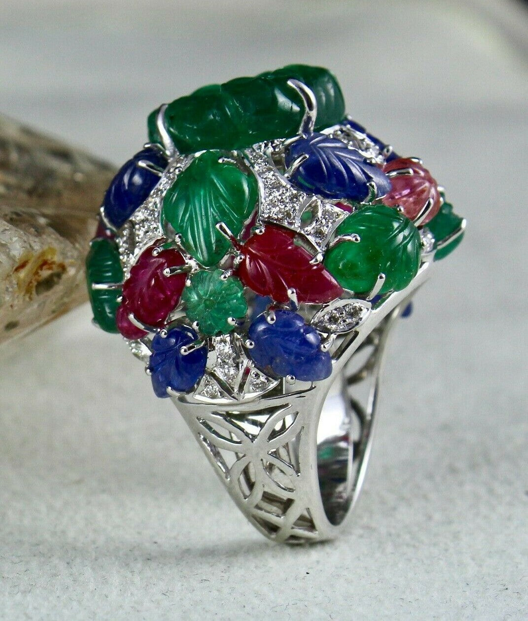Certified Emerald Spinel Ruby 10ct Natural Diamond 18k Gold Tutti Frutti Ring