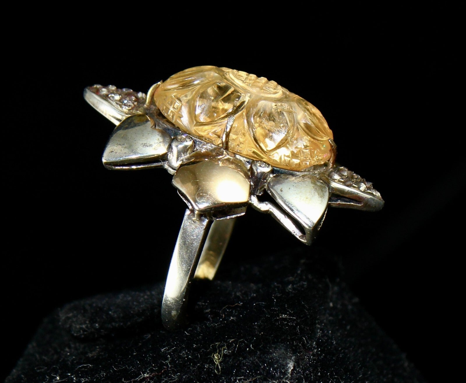 Antique Yellow Citrine 66.2ct Natural Diamond 18k Gold 925 Silver Victorian Ring