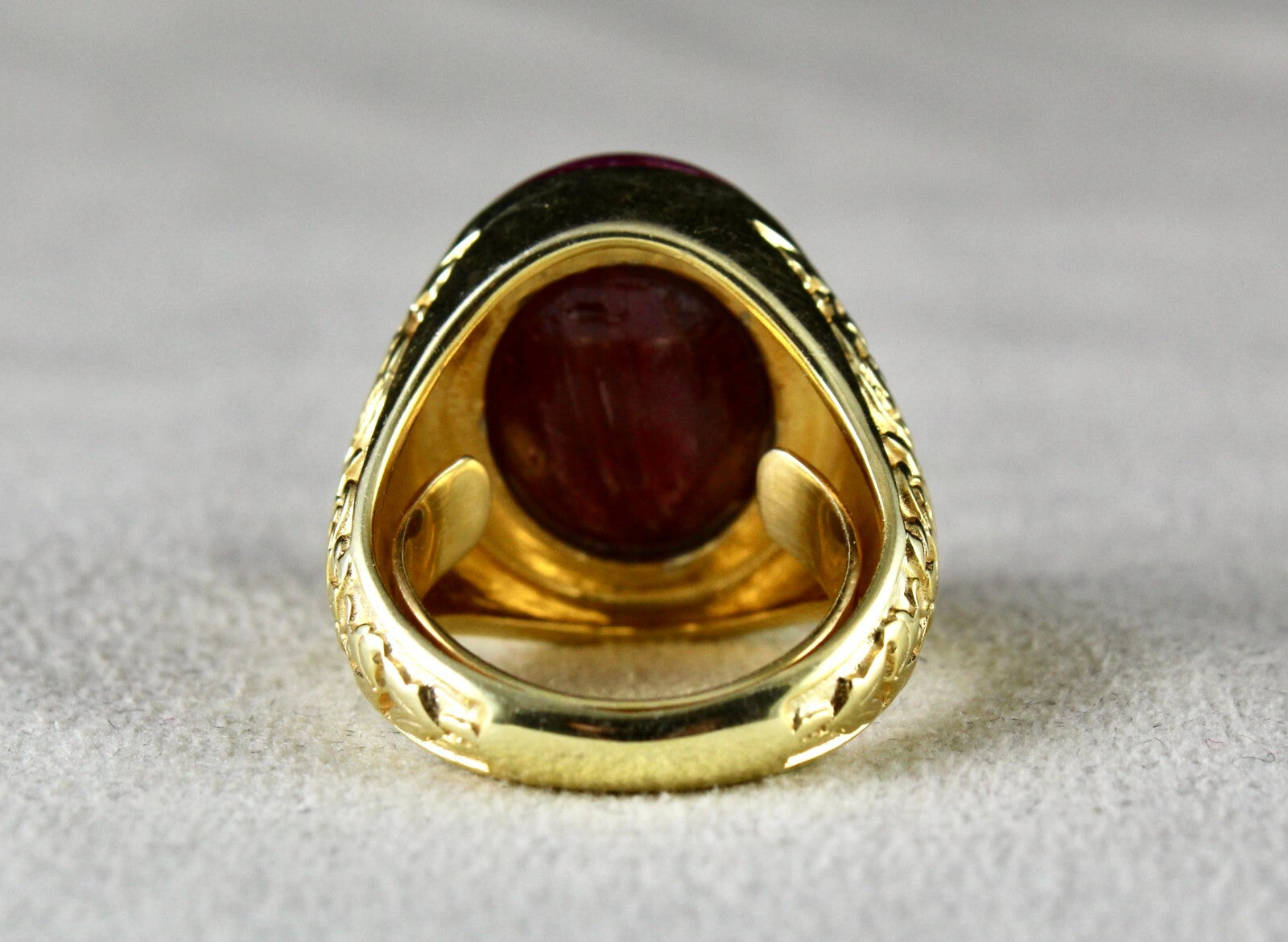 Big Red Natural Ruby 77.3ct Cabochon Engraved 925 Silver Gold Plated Ring
