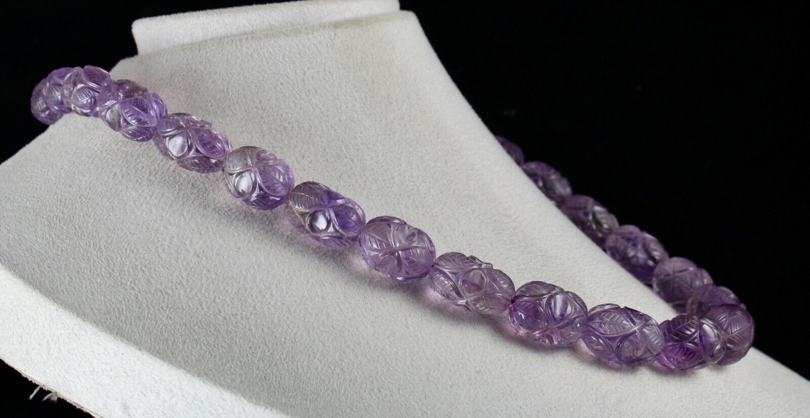 Natural Amethyst Engraved Beads 860 Ct Purple Gemstone Silver Vintage Necklace