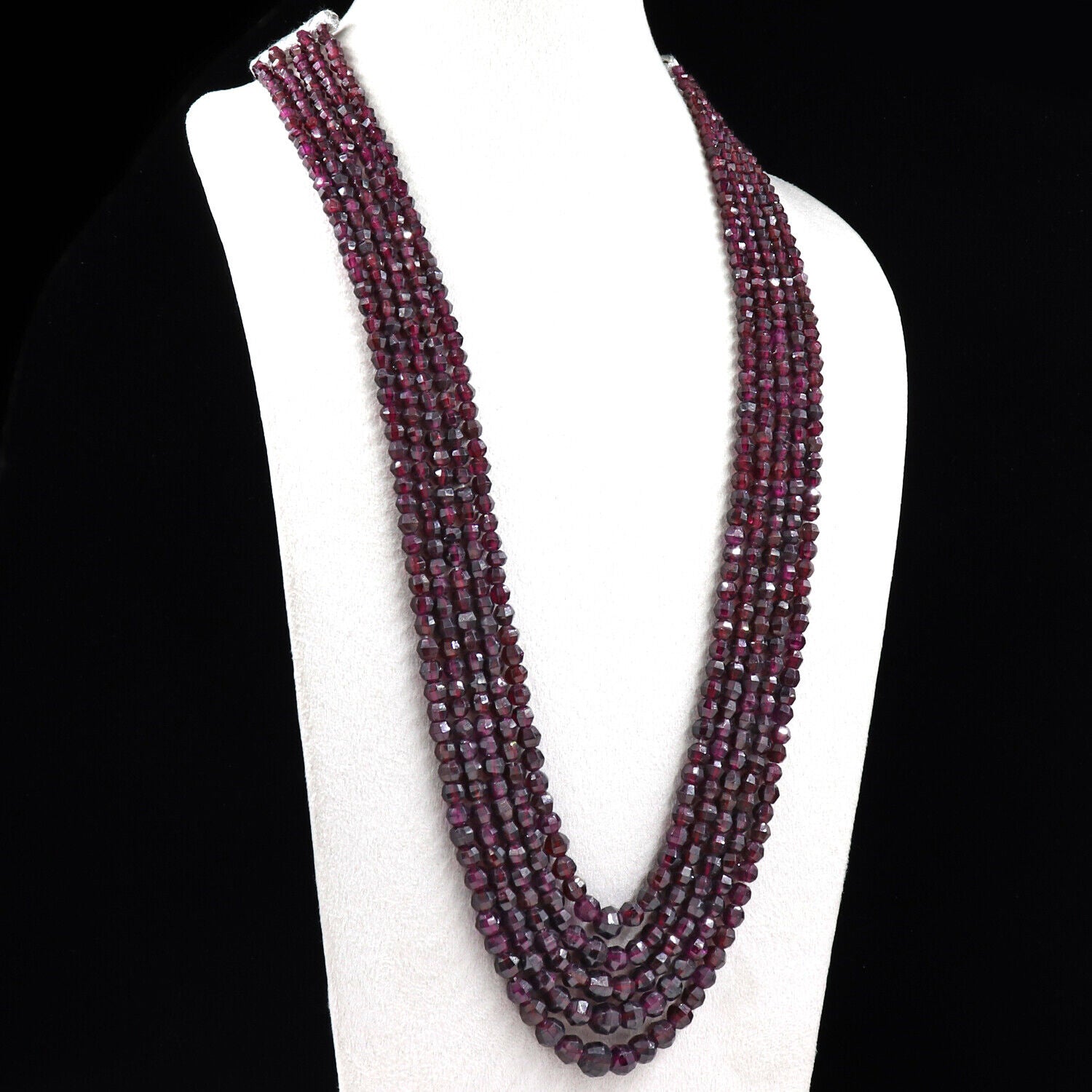 NATURAL GARNET BEADS ROUND FACETED 5 LINE 754 CARATS GEMSTONE LADIES NECKLACE