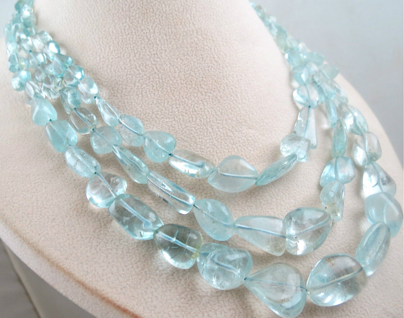 NATURAL BLUE TOPAZ BEADS TUMBLE 3 LINE 860 CARATS GEMSTONE BEADED FINE NECKLACE