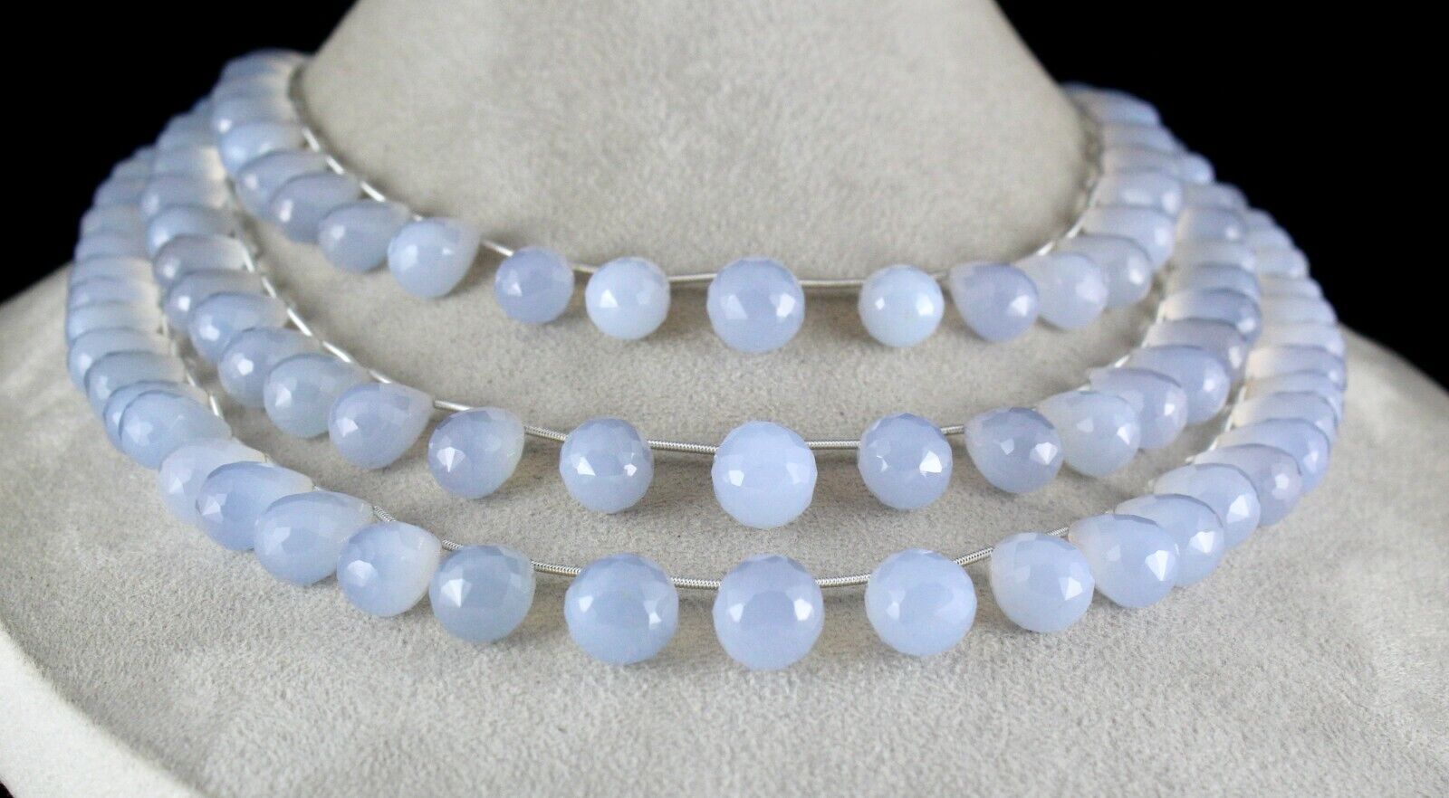 NATURAL BLUE CHALCEDONY BEADS TEARDROPS 3 LINE 814 CARATS GEMSTONE FINE NECKLACE