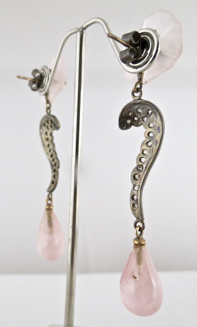 NATURAL ROSE QUARTZ CARVED FLOWER DIAMOND 18 K GOLD 925 SILVER VICTORIAN EARRING