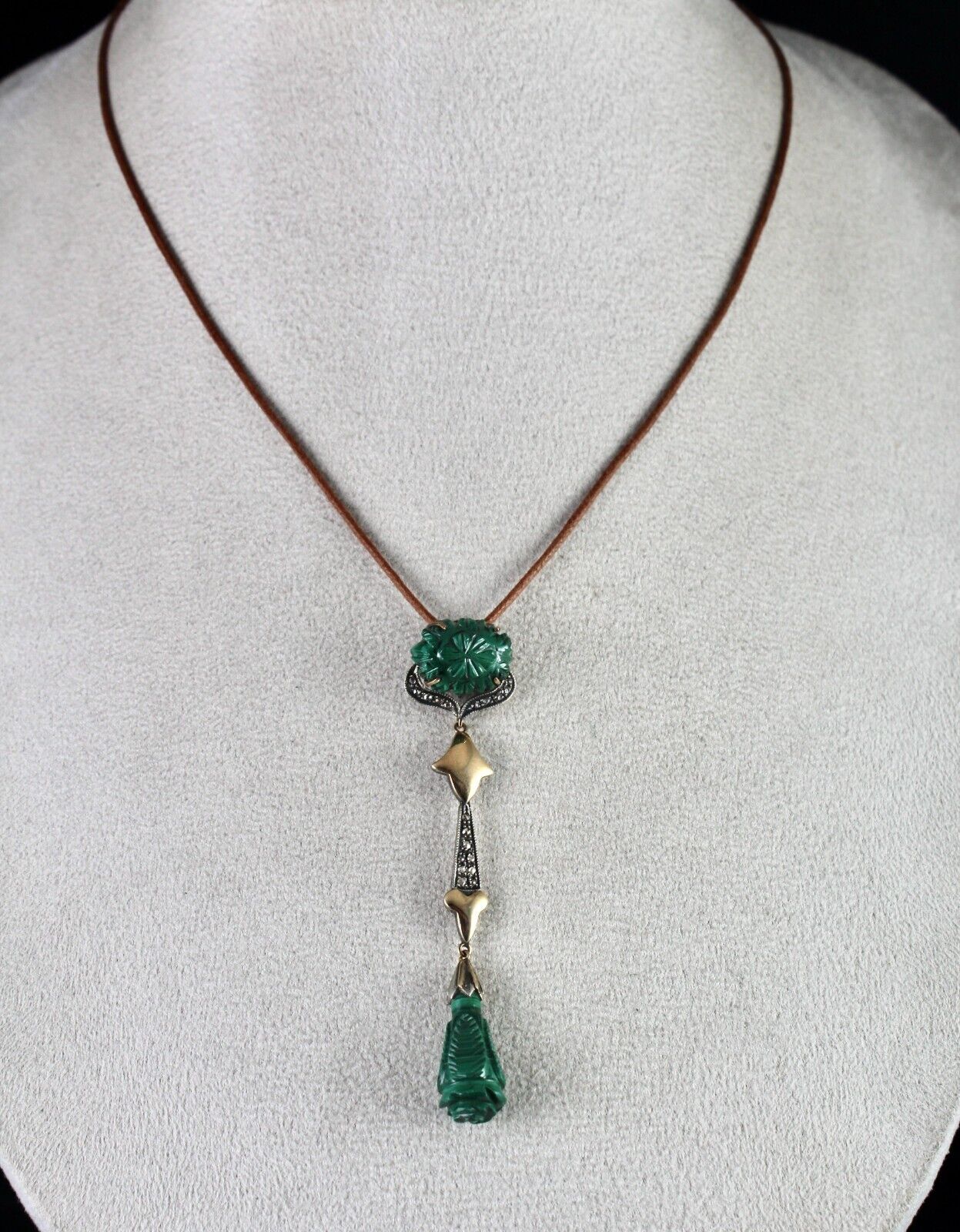NATURAL MALACHITE CARVED DIAMOND SILVER 18K GOLD VICTORIAN PENDANT EARRING SET