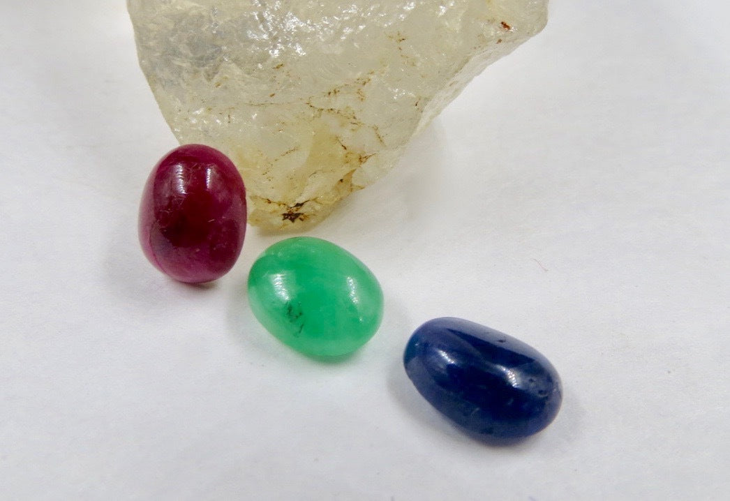 Certified Natural Emerald Ruby Sapphire Oval 10.22ct Sterling Silver Ring Set