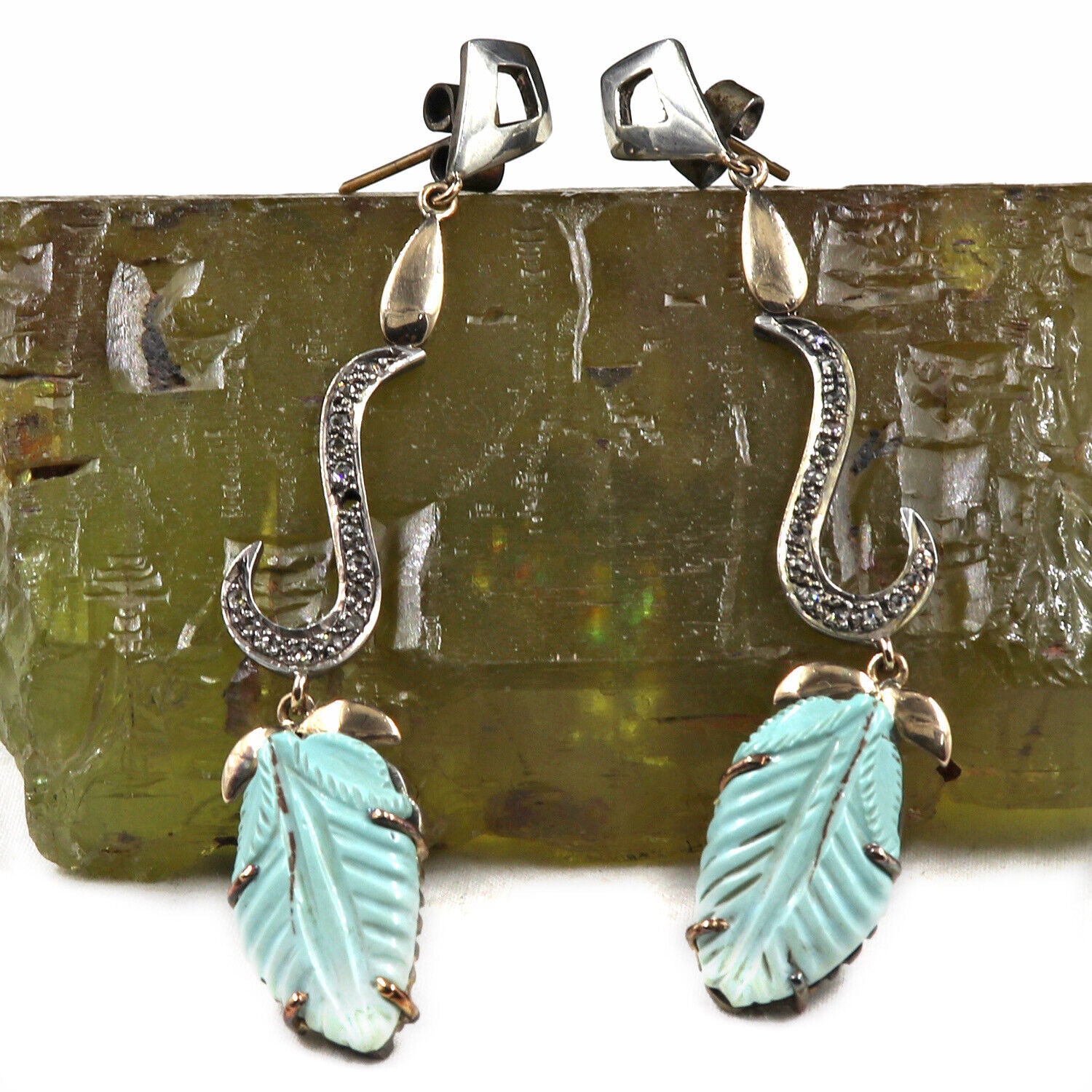 Turquoise Carved Leaves Diamond 18K Gold 925 Silver Victorian Gemstone Earring