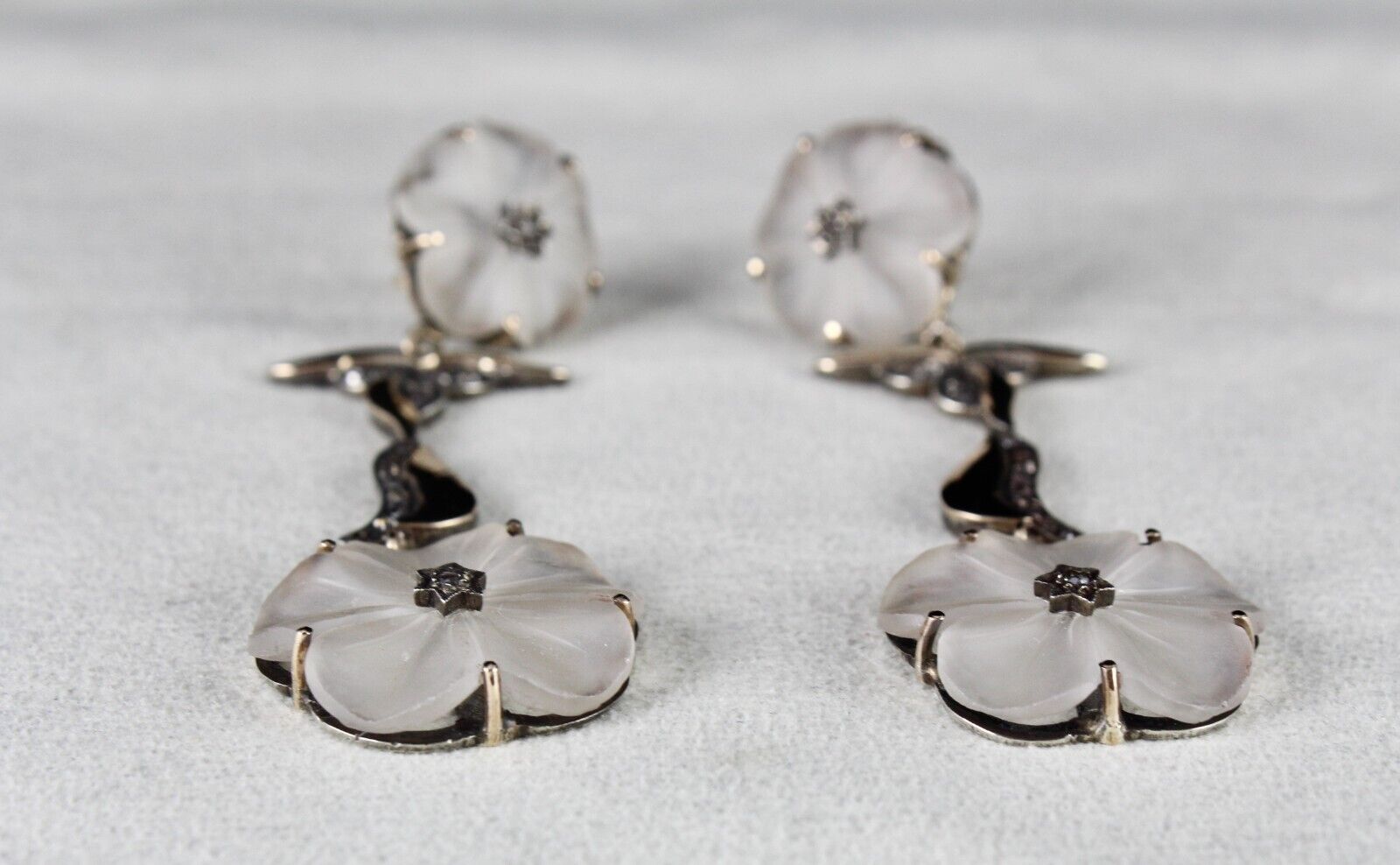 NATURAL ROCK CRYSTAL QUARTZ CARVED DIAMOND 18K GOLD 925 SILVER VICTORIAN EARRING