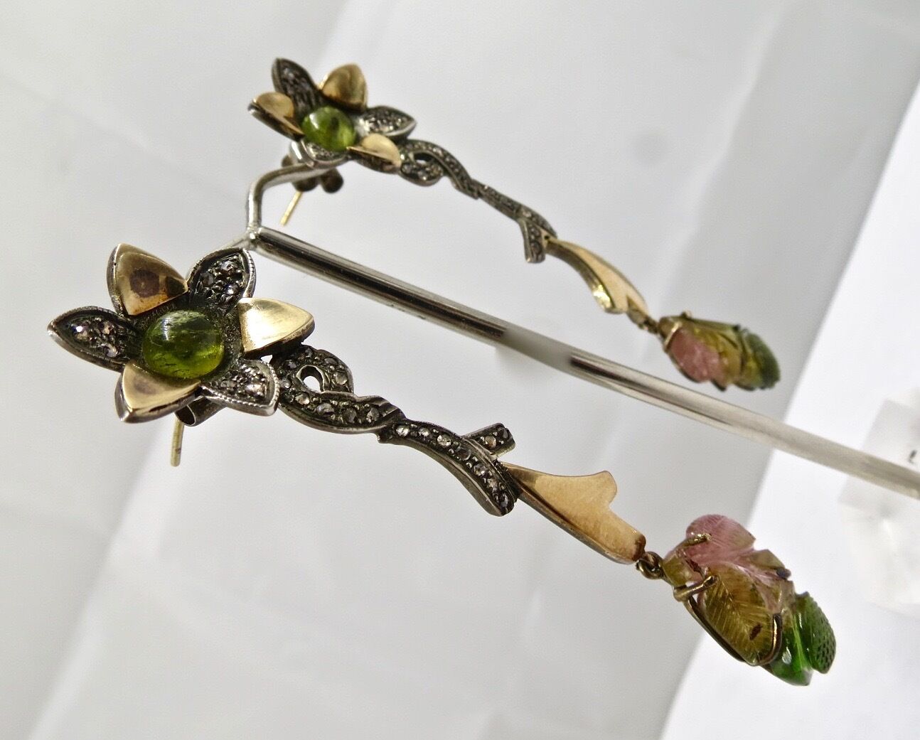 Natural Multi Tourmaline Carved Diamond 18 K Gold 925 Silver Victorian Earring