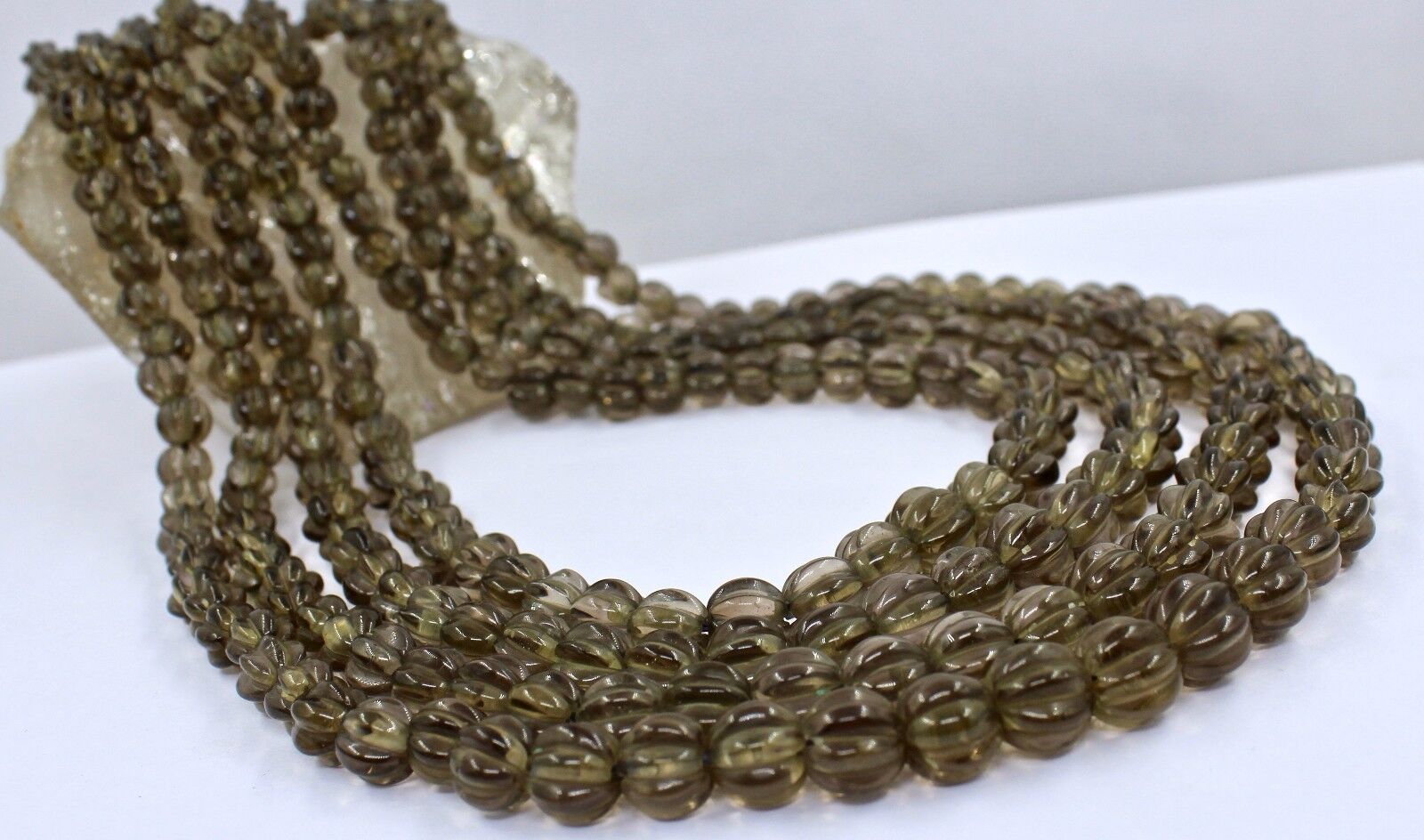 Natural Smoky Quartz Beads Carved Melon 4 L 762 Carats Antique Gemstone Necklace