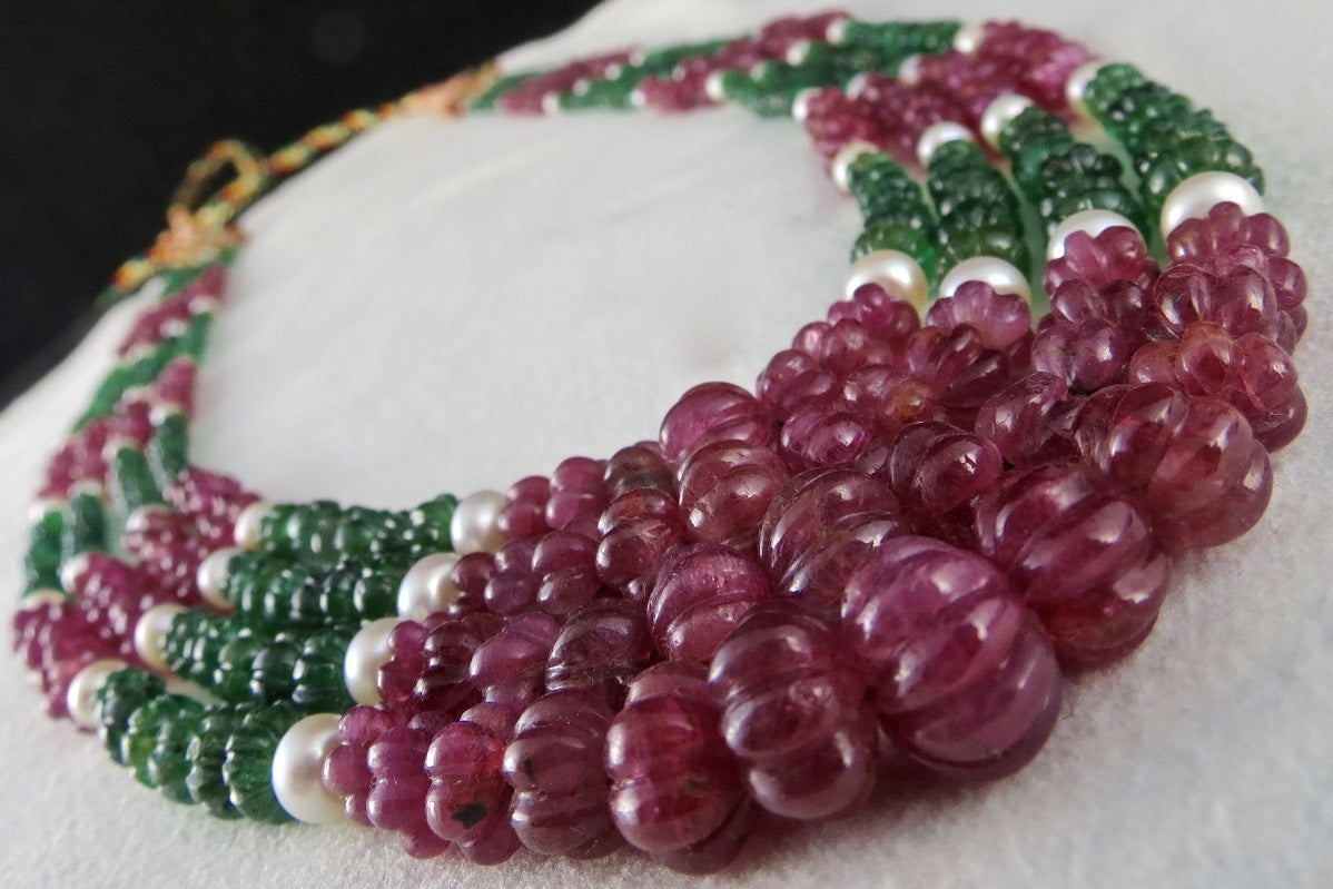 Certified Natural Ruby 368 Ct Emerald Melon Carved Pearl Antique Necklace