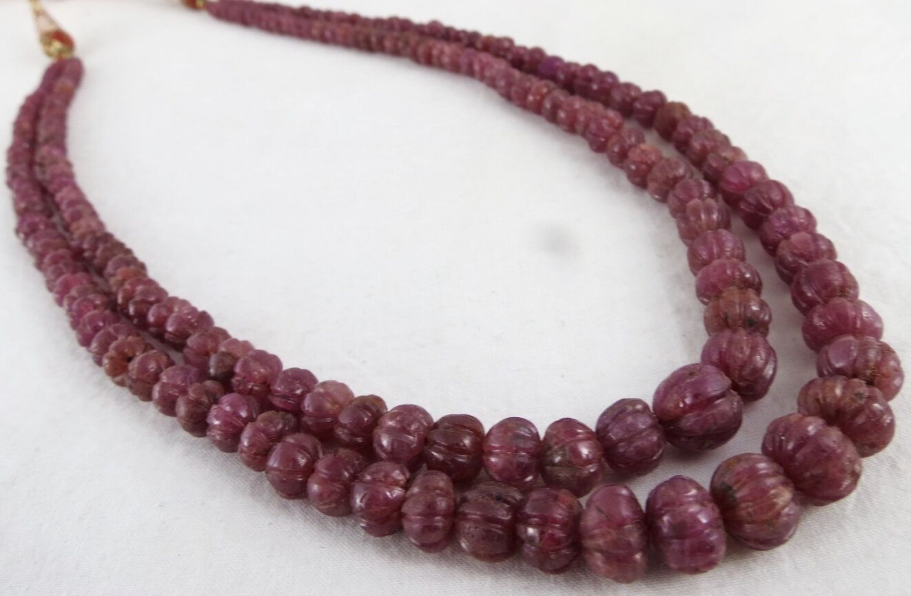 NATURAL RUBY CARVED MELON 276 CTS PRECIOUS GEMSTONE BEADS NECKLACE FOR LADIES
