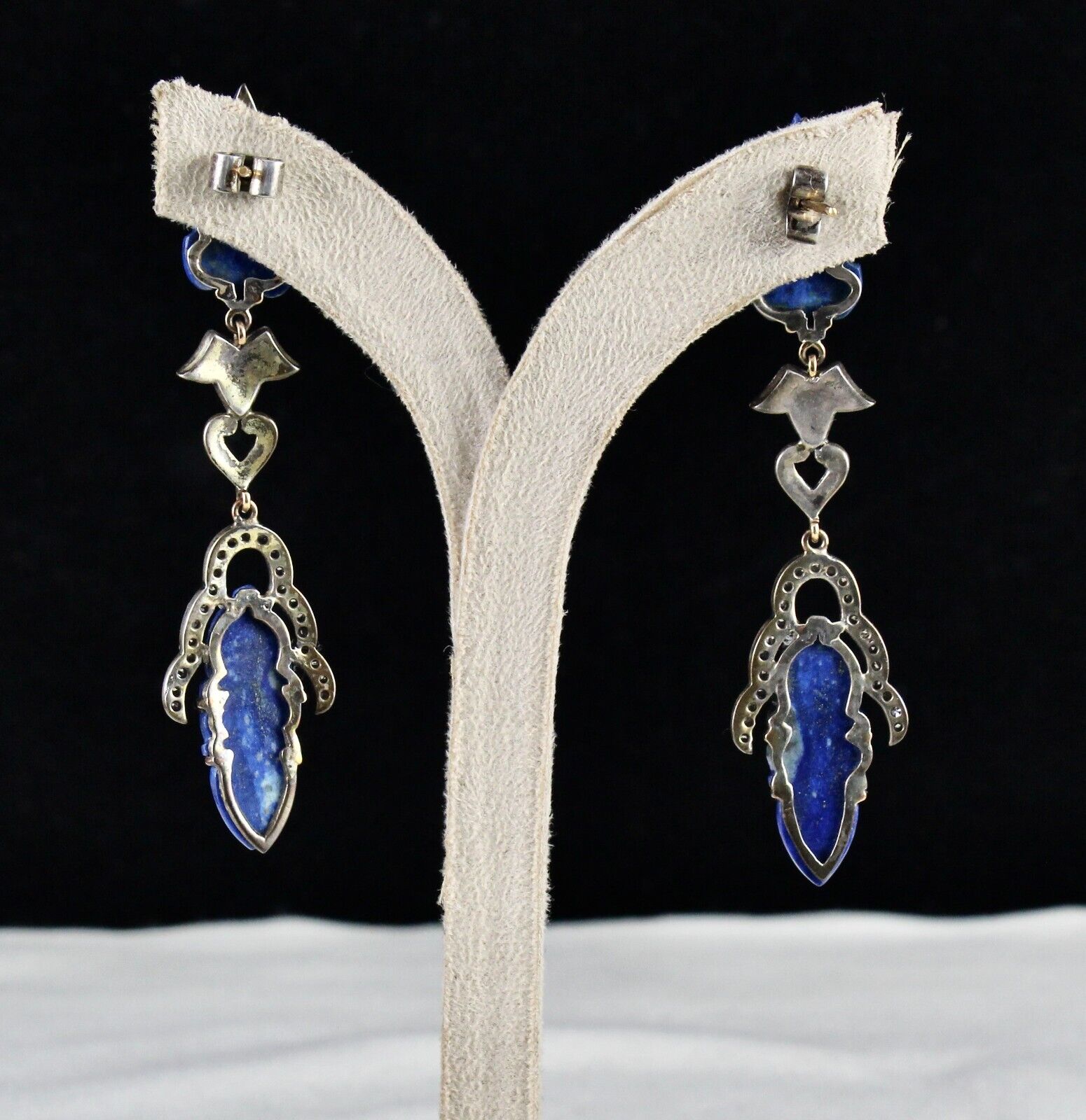 Natural Lapis Lazuli Engraved Leaf Diamond 18K Gold 925 Silver Victorian Earring