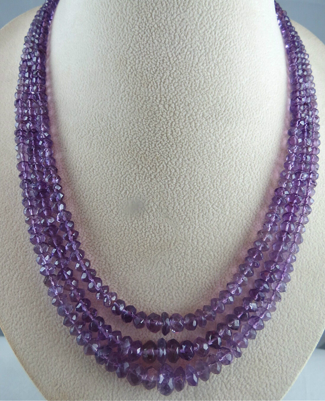 NATURAL AMETHYST BEADS FACETED ROUND 3 LINE 375 CARATS GEMSTONE FASHION NECKLACE