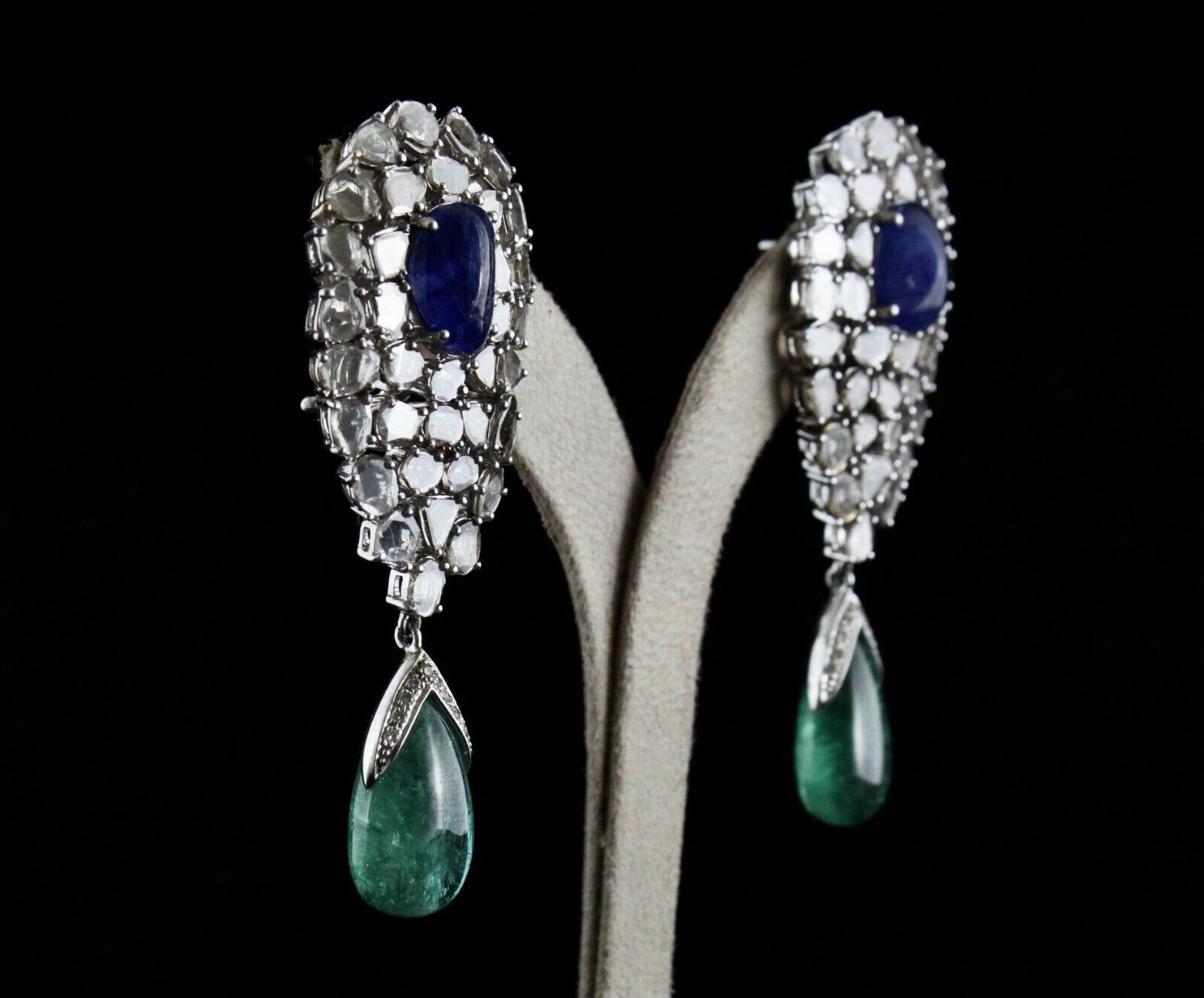 Natural Blue Sapphire Emerald Cabochon Diamond 18K Gold Classic dangle Earring