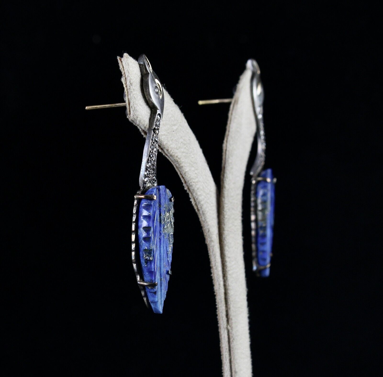 NATURAL LAPIS LAZULI LEAF DIAMOND SILVER 18K GOLD VICTORIAN PENDANT EARRING SET