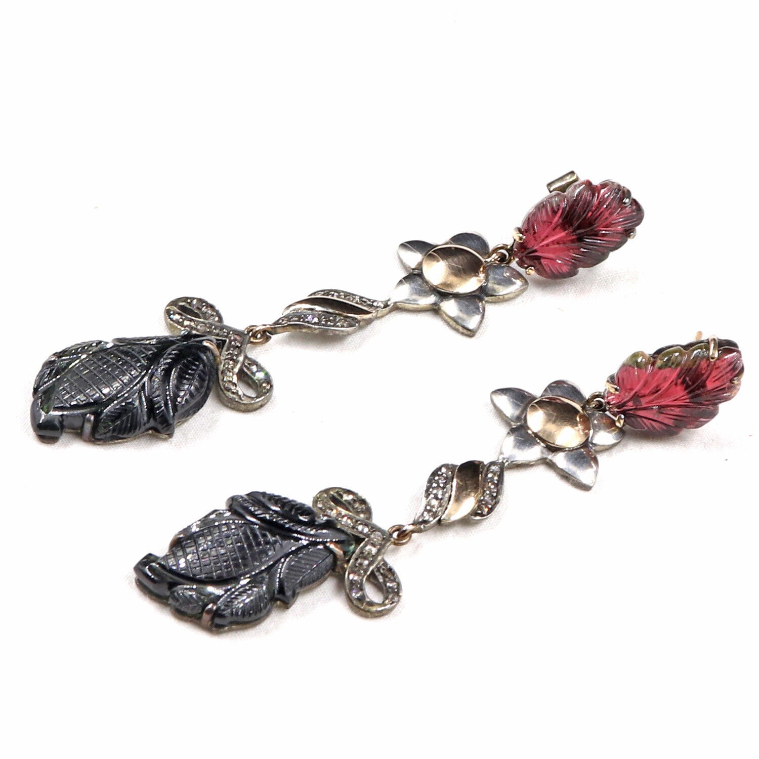 Natural Multi Tourmaline Carved Diamond 18K Gold Silver Victorian Fine Earring