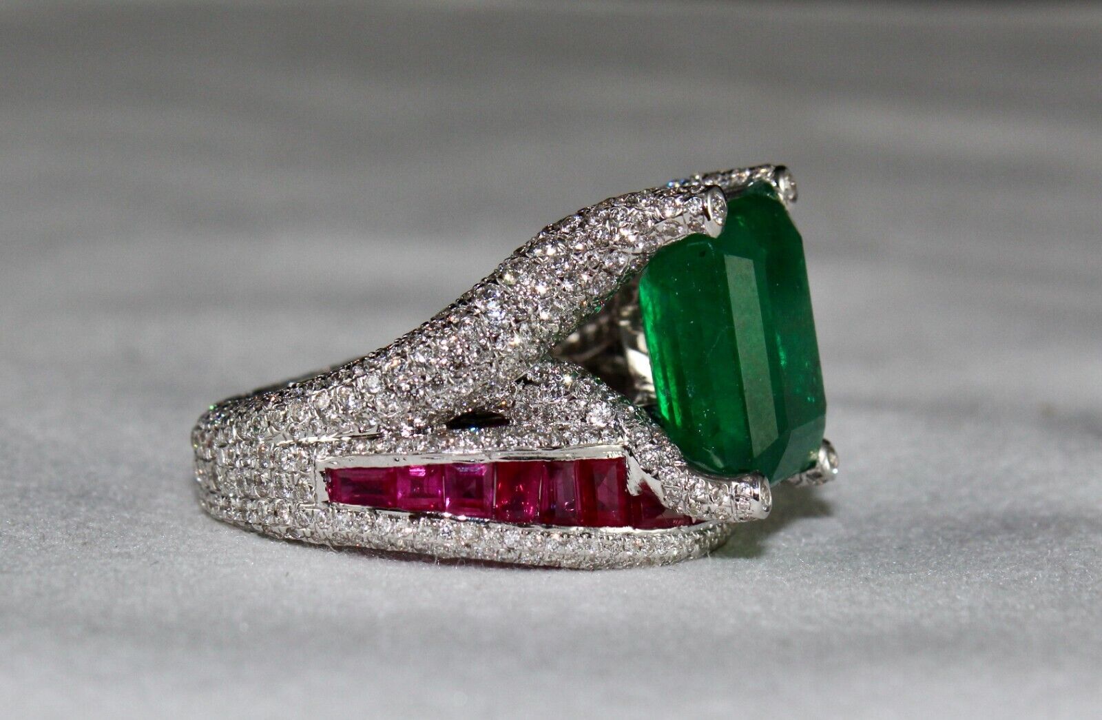 Zambia Emerald Octagon Ruby Cut Diamond Cocktail Ring, 18K Gold Statement Ring