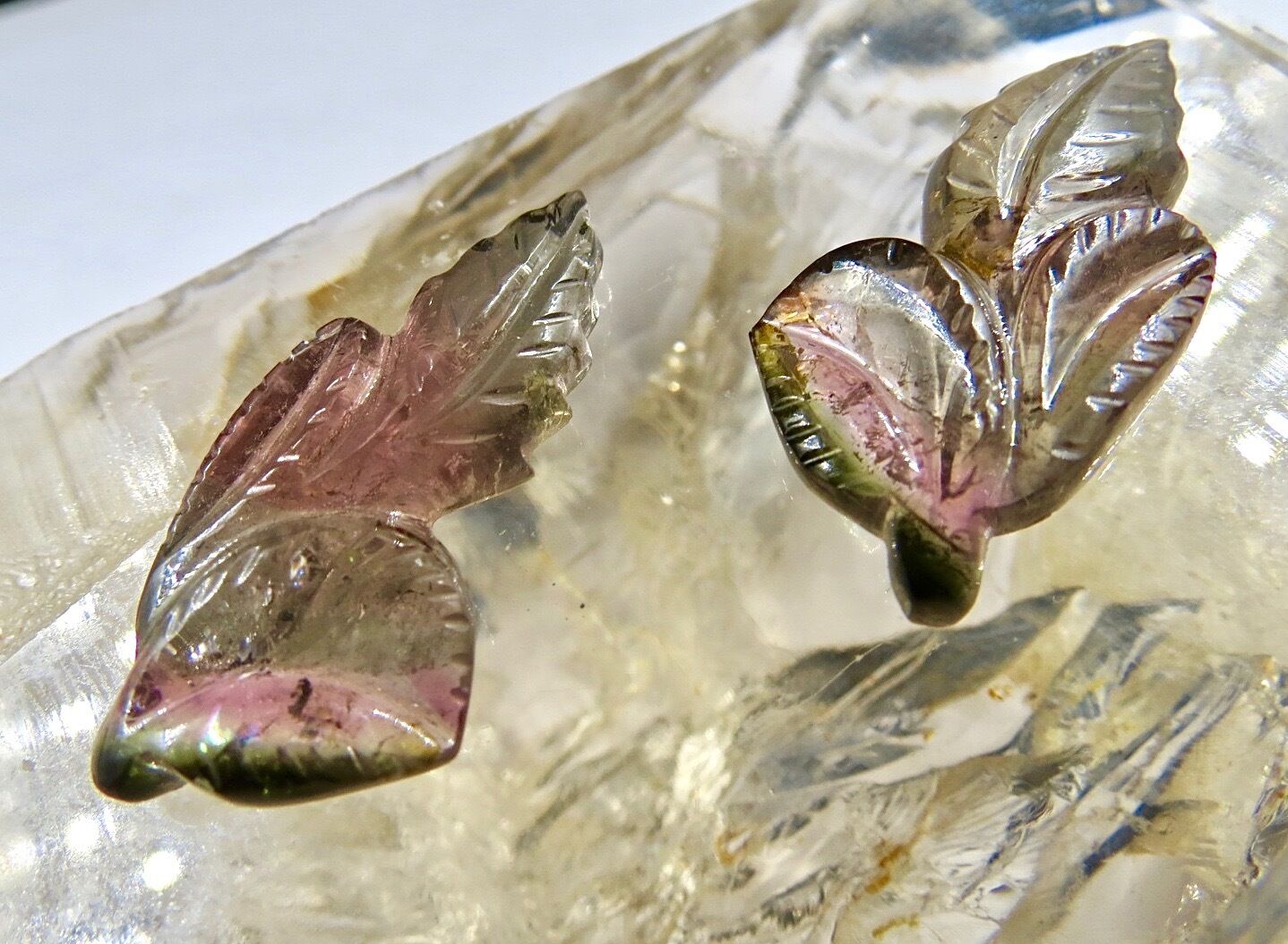 NATURAL MULTI TOURMALINE CARVED LEAVES 2 PCS 35.75 CARATS GEMSTONE EARRING