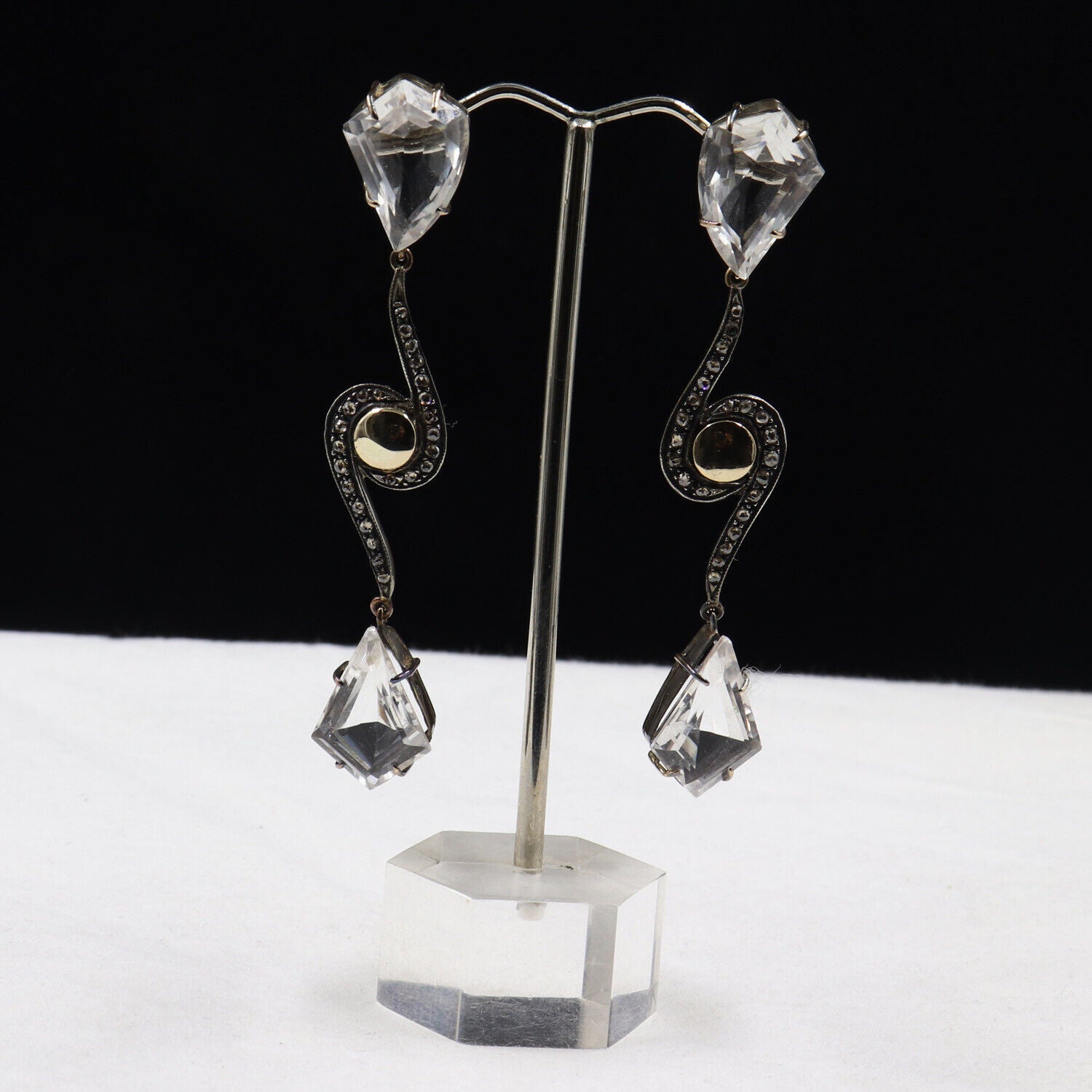 NATURAL ROCK CRYSTAL QUARTZ CARVED DIAMOND 18K GOLD 925 SILVER VICTORIAN EARRING