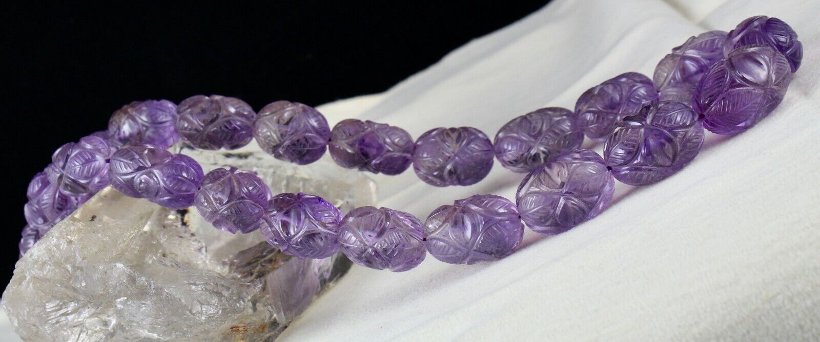 Natural Amethyst Engraved Beads 860 Ct Purple Gemstone Silver Vintage Necklace
