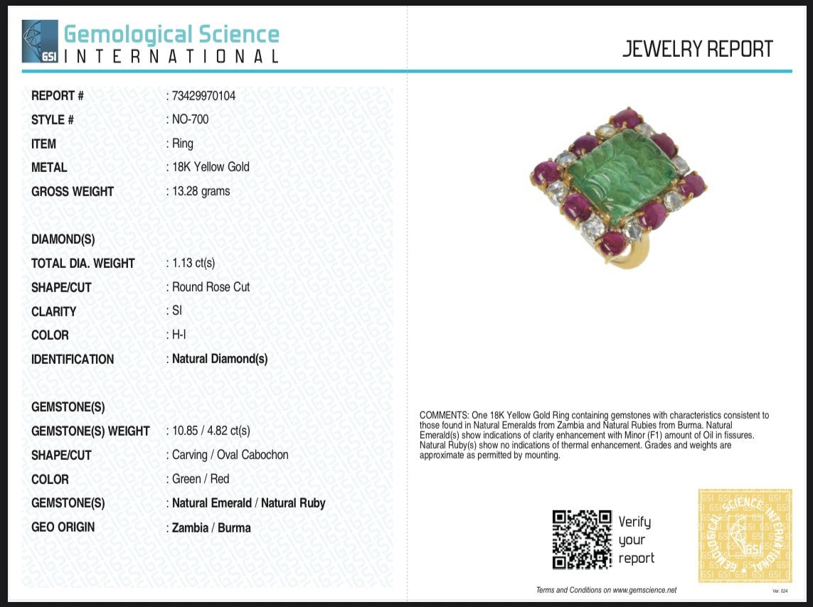 Certified Vintage Emerald 10ct Carved Burma Ruby Natural Diamond 18k Gold Ring