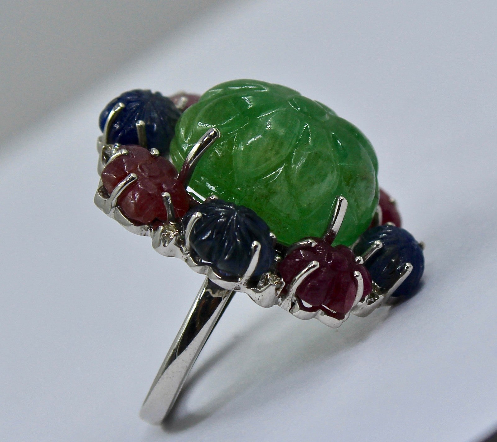 Certified Vintage Natural Emerald 74ct Ruby Blue Sapphire Sterling Silver Ring