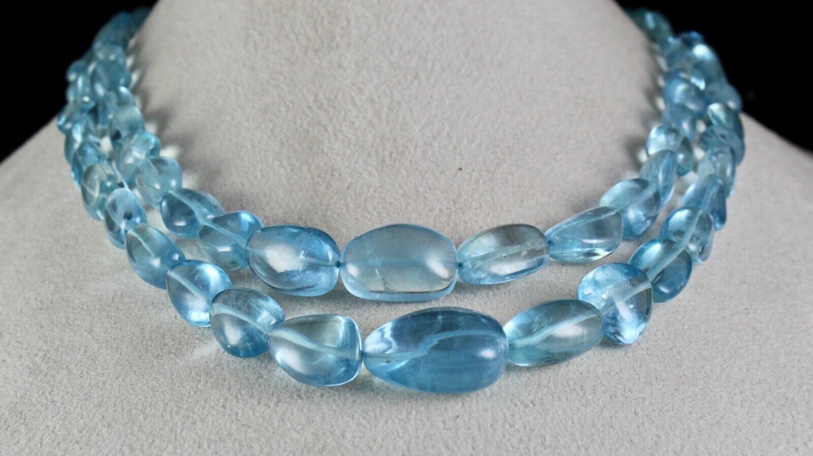 TOP NATURAL BLUE AQUAMARINE BEADS CABOCHON 2 LINE 628 CARATS GEMSTONE NECKLACE