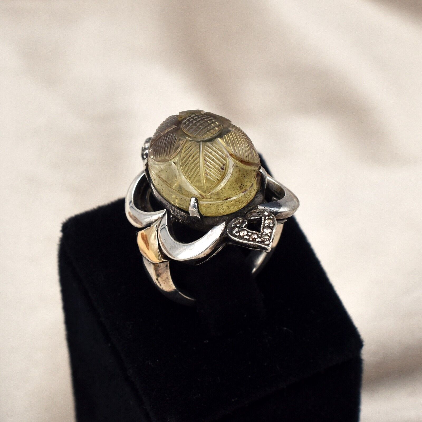 Antique Lemon Quartz Carved Diamond 18k Gold 925 Silver Ladies Victorian Ring
