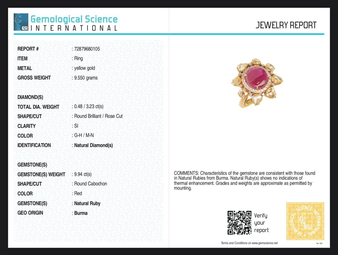 Certified Natural Burma Ruby 48ct Cabochon Natural Diamond 18k Gold Ring