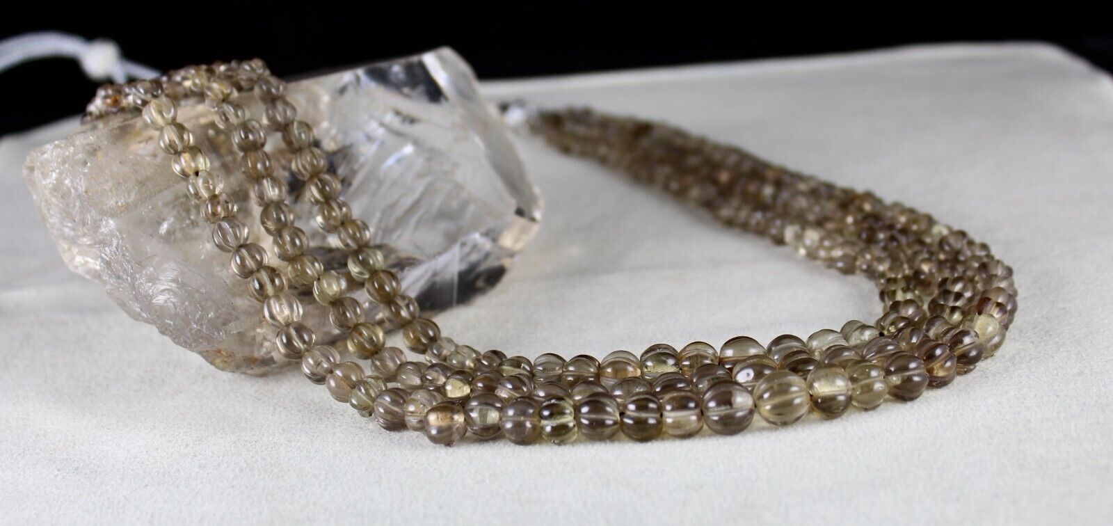 Natural Smoky Quartz Beads Carved Melon 3 L 485 Carats Antique Gemstone Necklace
